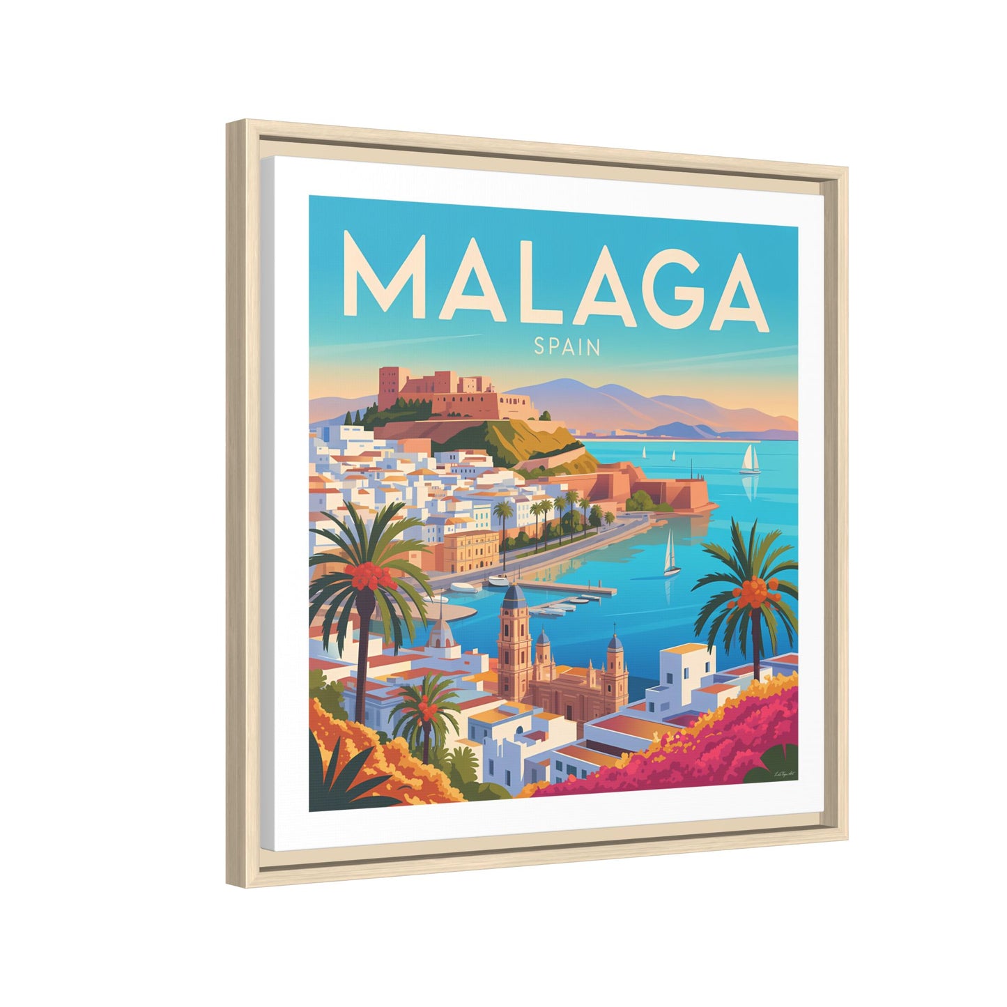 Malaga Spain Coastal  Matte Canvas Framed Wall Art| Vintage Style Travel Art
