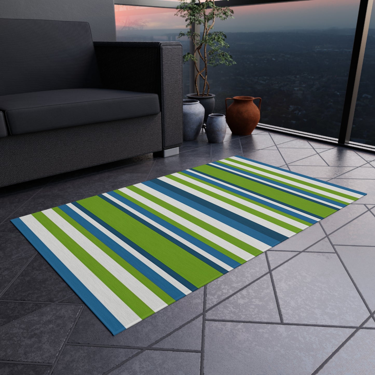 Blue Green Stripe Outdoor/Indoor Rug | Patio Mat, Deck Striped Rug