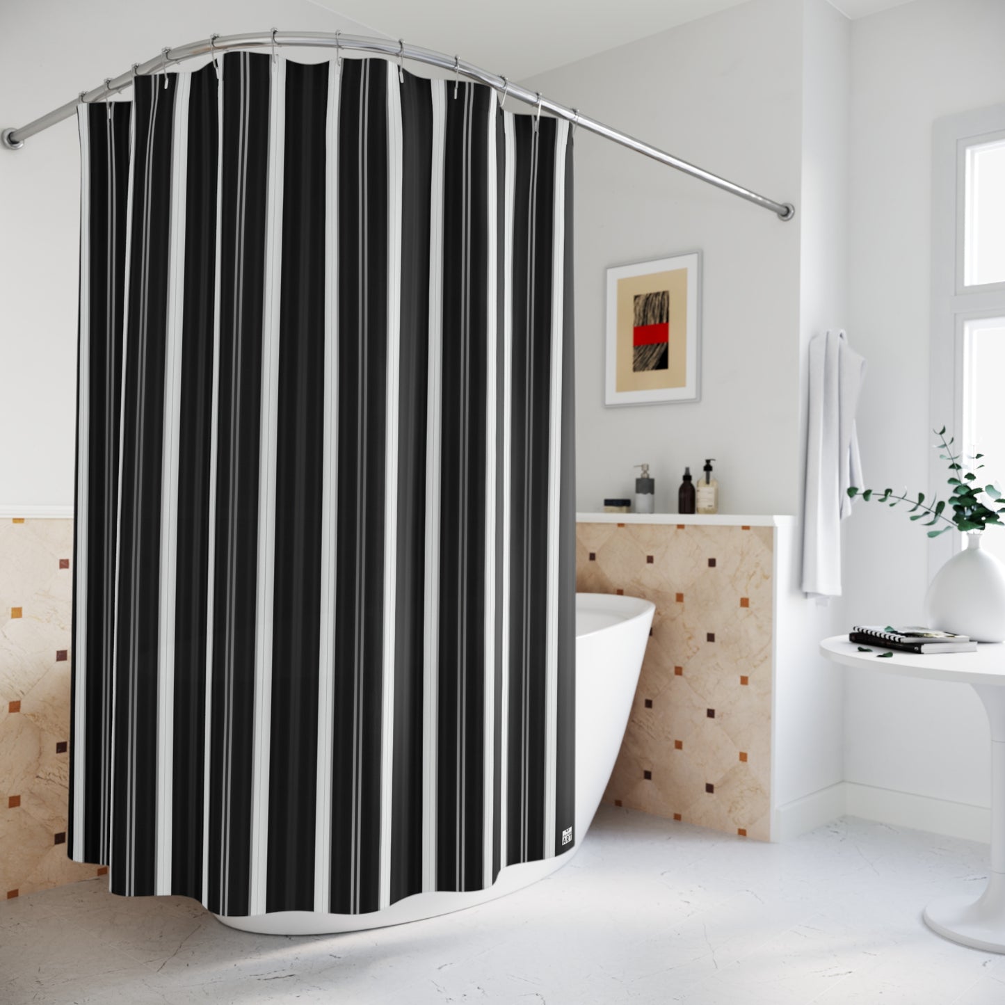 Black and White Vertical Stripes Shower Curtain | Modern Monochrome Bath