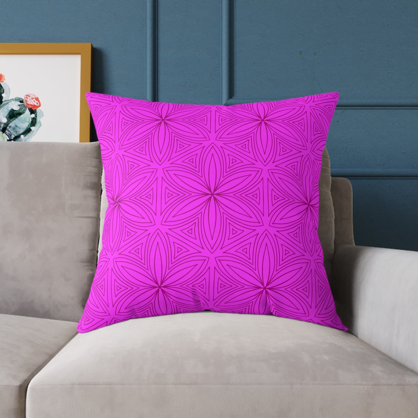 Geometric Fuchsia Pink Floral Pattern Pillow | Square Poly Canvas Pillow