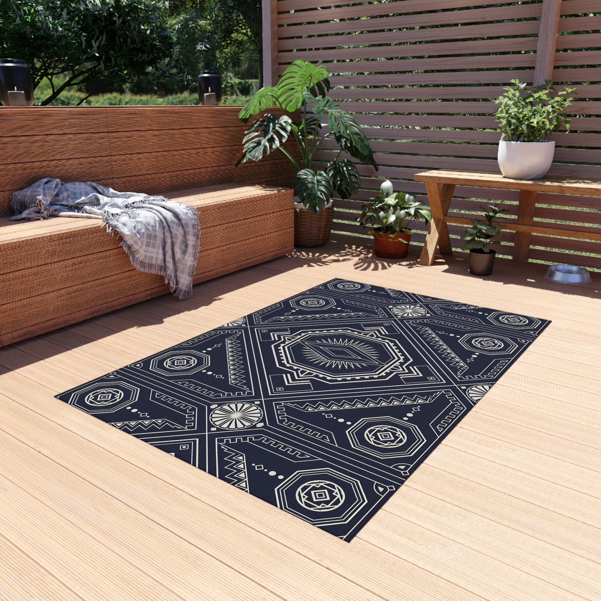 Navy Geometric Medallion Outdoor Rug | Tribal Diamond Pattern
