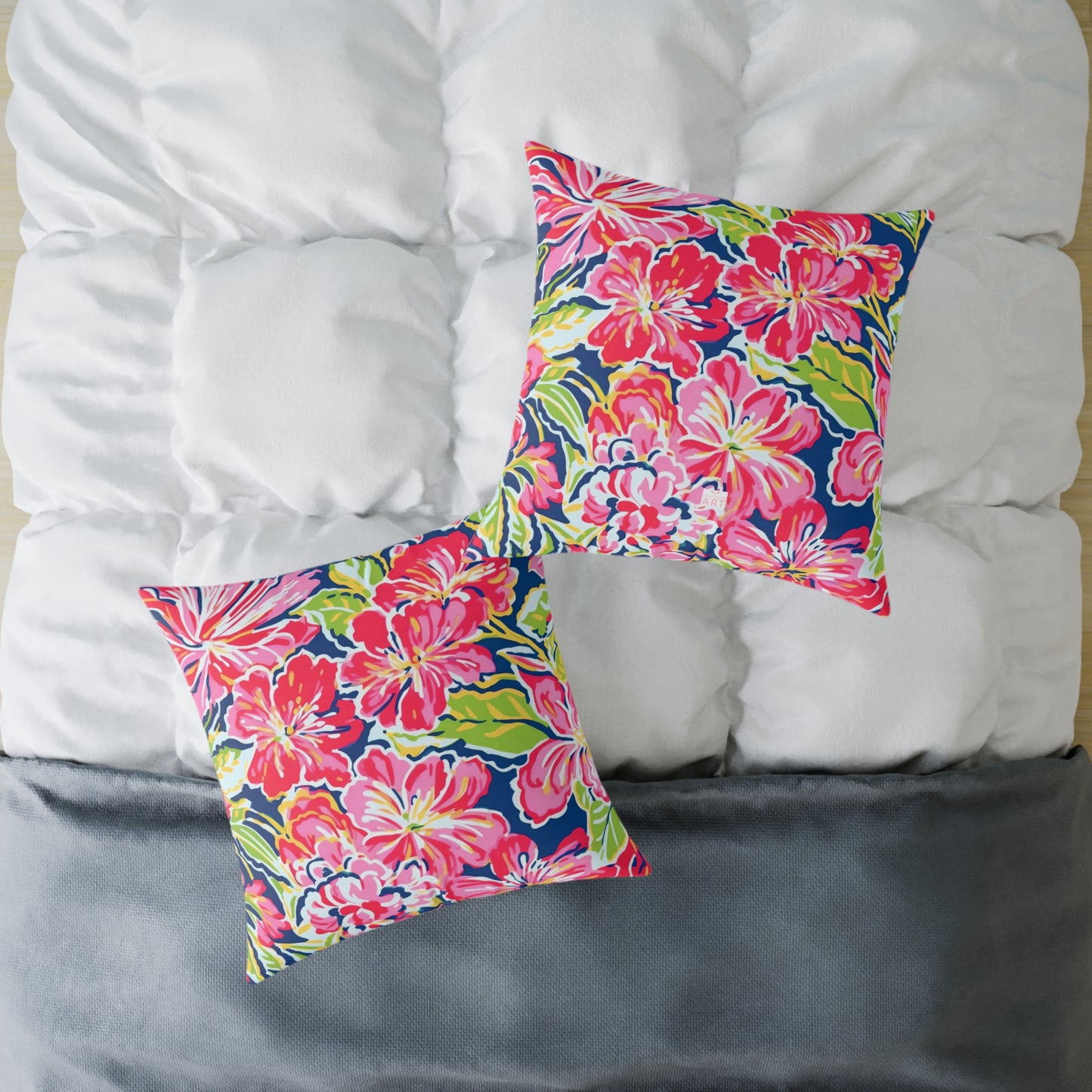 Pink Red Green Blue Tropical Hibiscus Floral Pillow | Square Poly Canvas Pillow