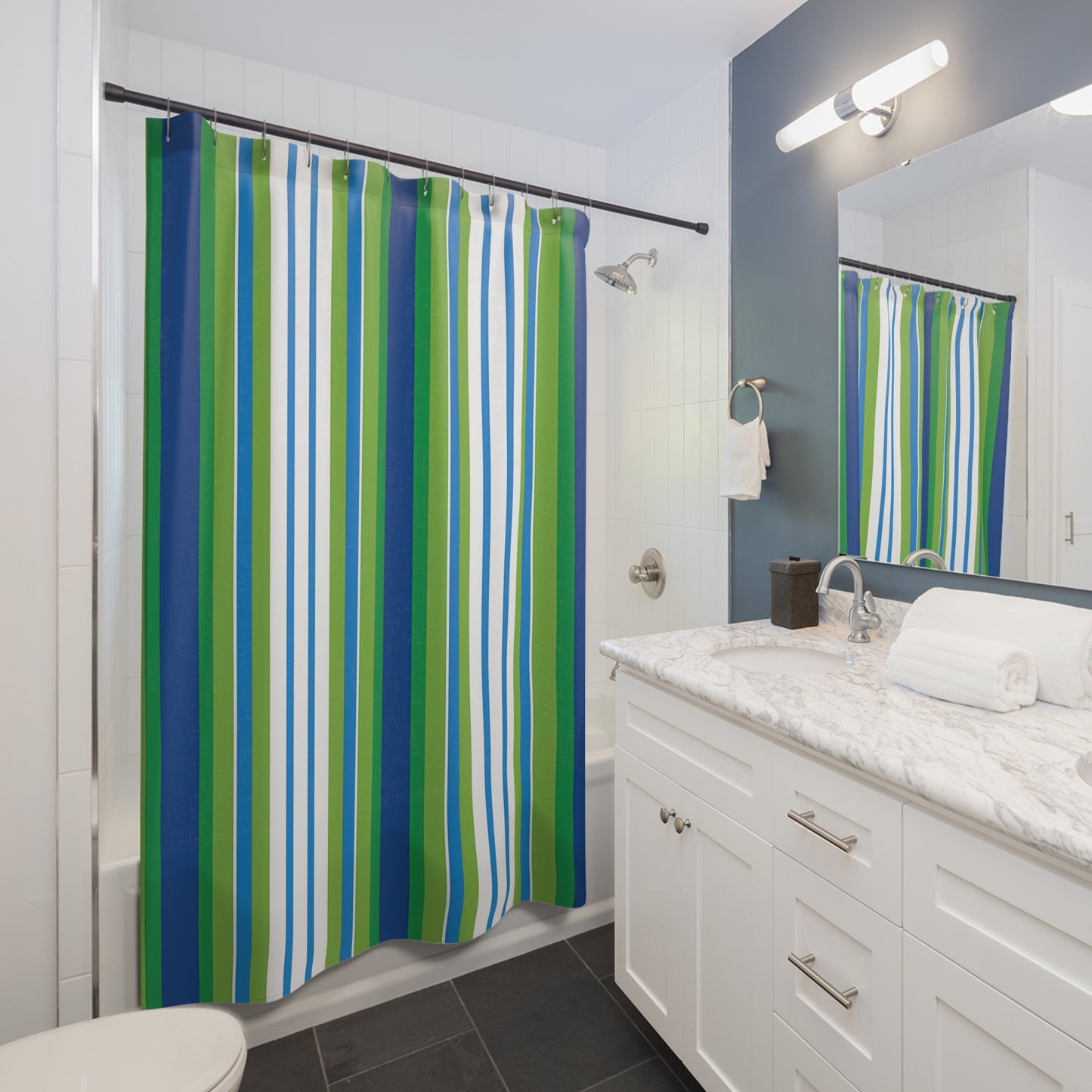 Blue Green Vertical Striped Shower Curtain | Nautical Bathroom Decor