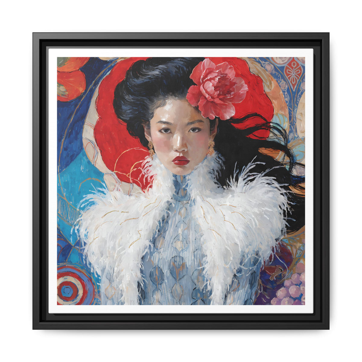 Asian Femme Portrait Matte Canvas Framed | Woman with Feather Collar Wall Art