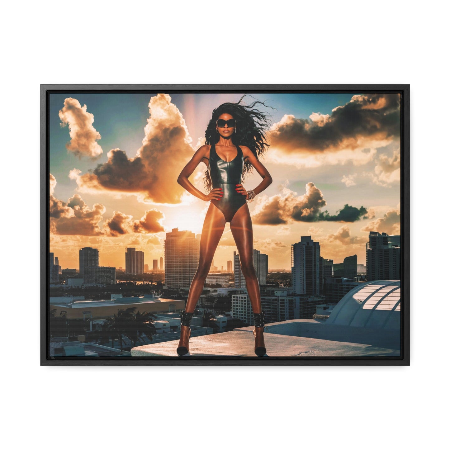 Canvas Wall Art, African American Model in Swimsuit with Miami Skyline, Fashion Decor, Horizontal Frame Home Decor, Gallery Wrap Print