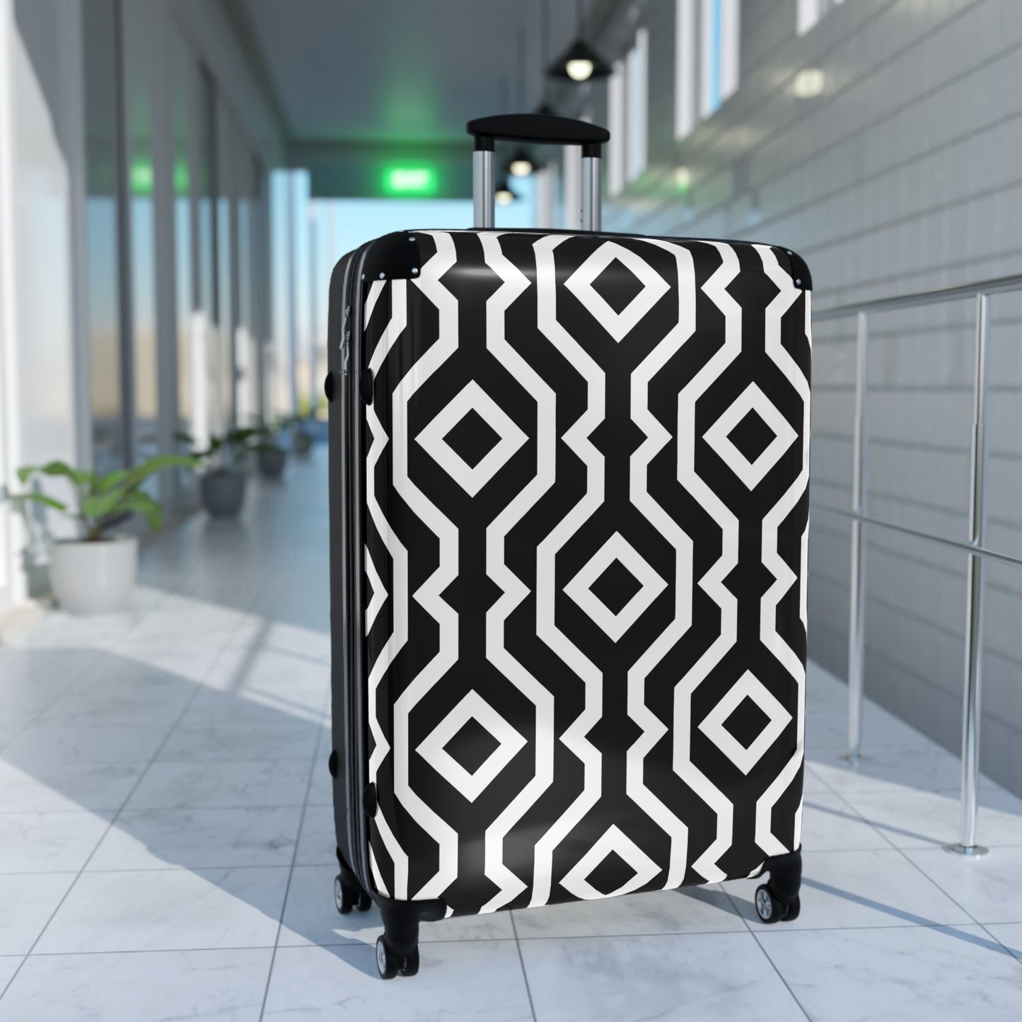 Black White Geometric Pattern Suitcase | Modern Diamond Luggage
