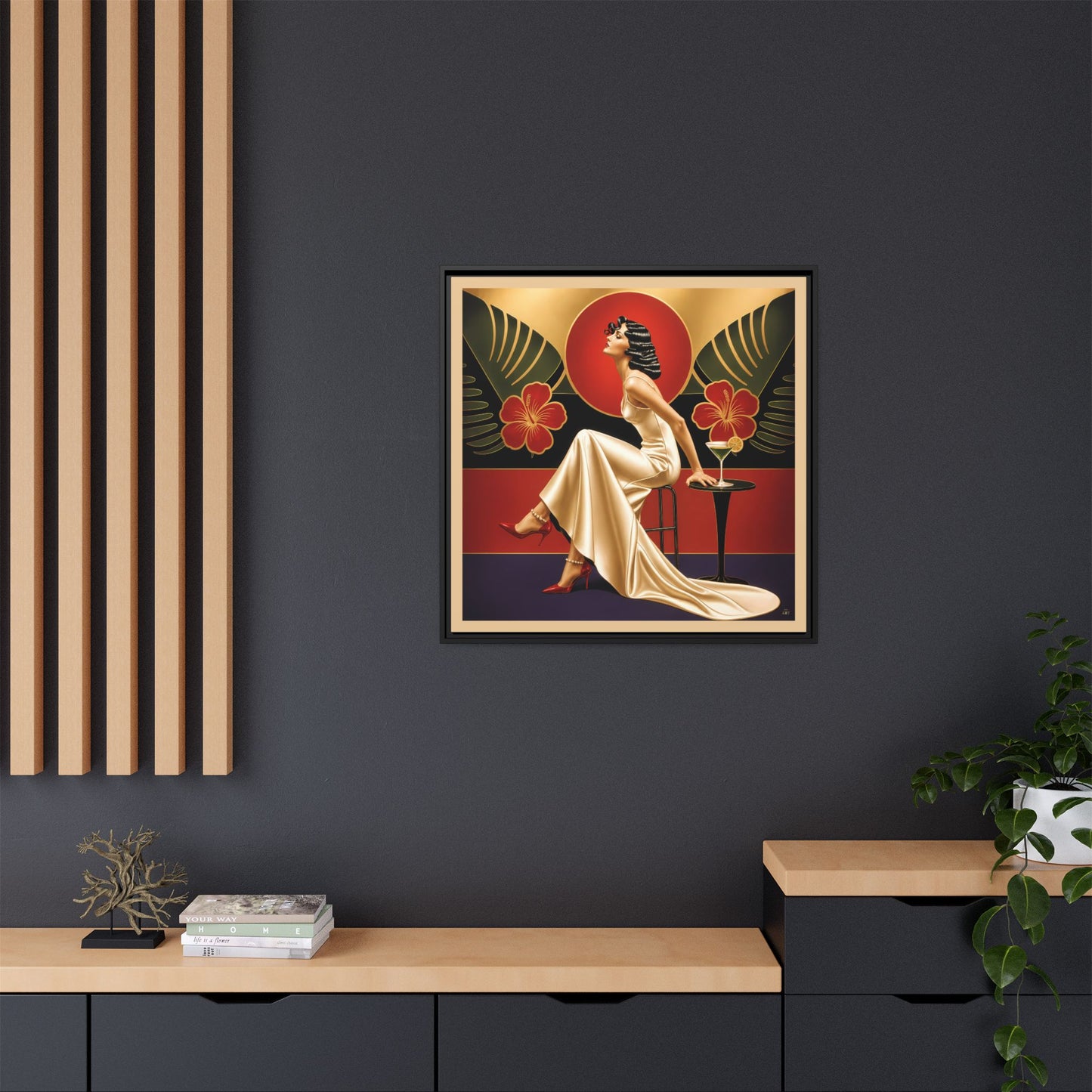 Art Deco Lady Red Green Beige Tropical Canvas Framed Wall Art | Matte Print