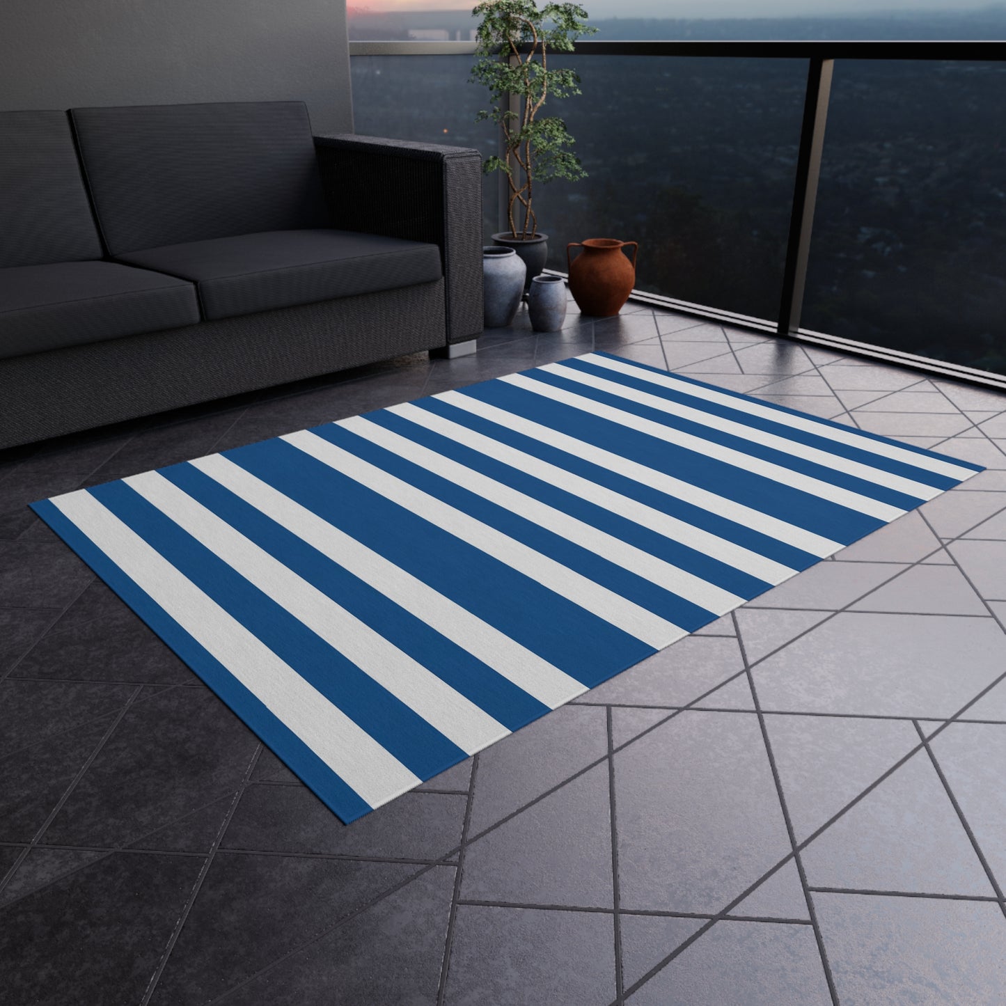 Nautical Blue Stripe Outdoor/Indoor Rug | Reversible Patio Mat