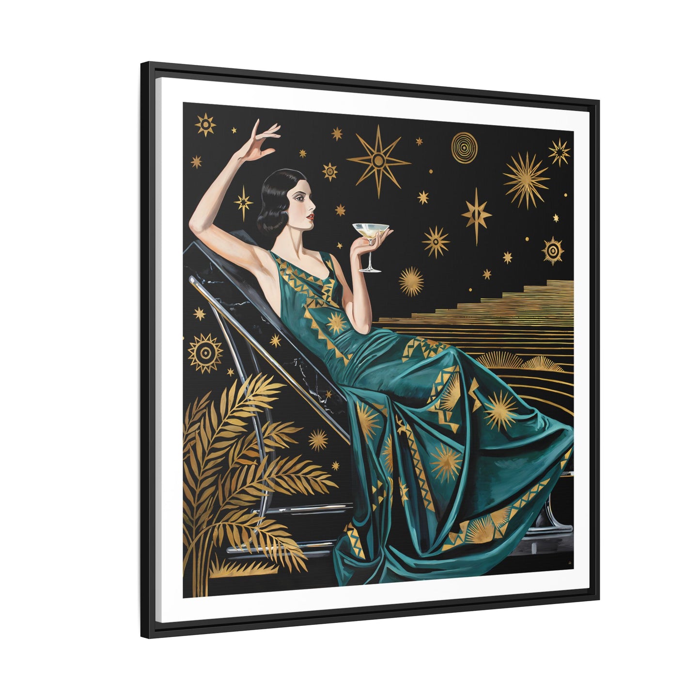 Art Deco Lady with Cocktail Matte Canvas Framed Wall Art