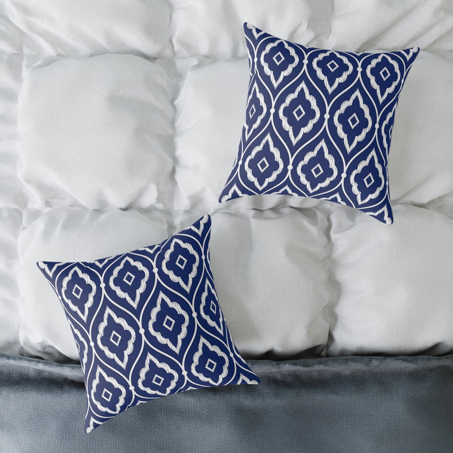 Navy and White Ikat Geometric Pattern Square Pillow | Coastal Home Decor
