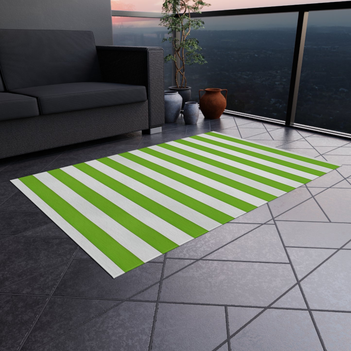 Green and White Striped Indoor/Outdoor Rug | Patio Mat, Weather-Resistant Flooring