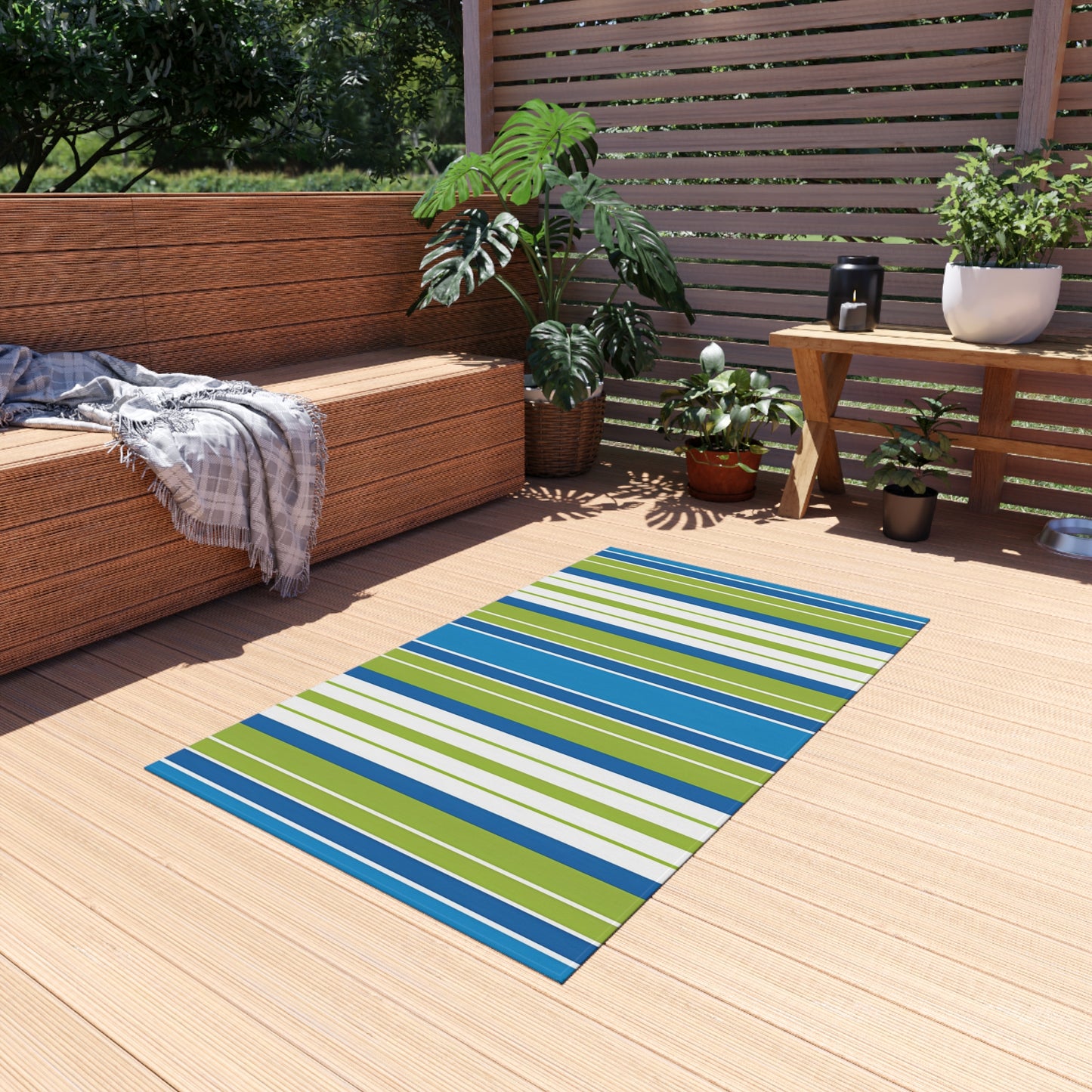Blue Green Striped Outdoor/Indoor Rug | Patio Mat