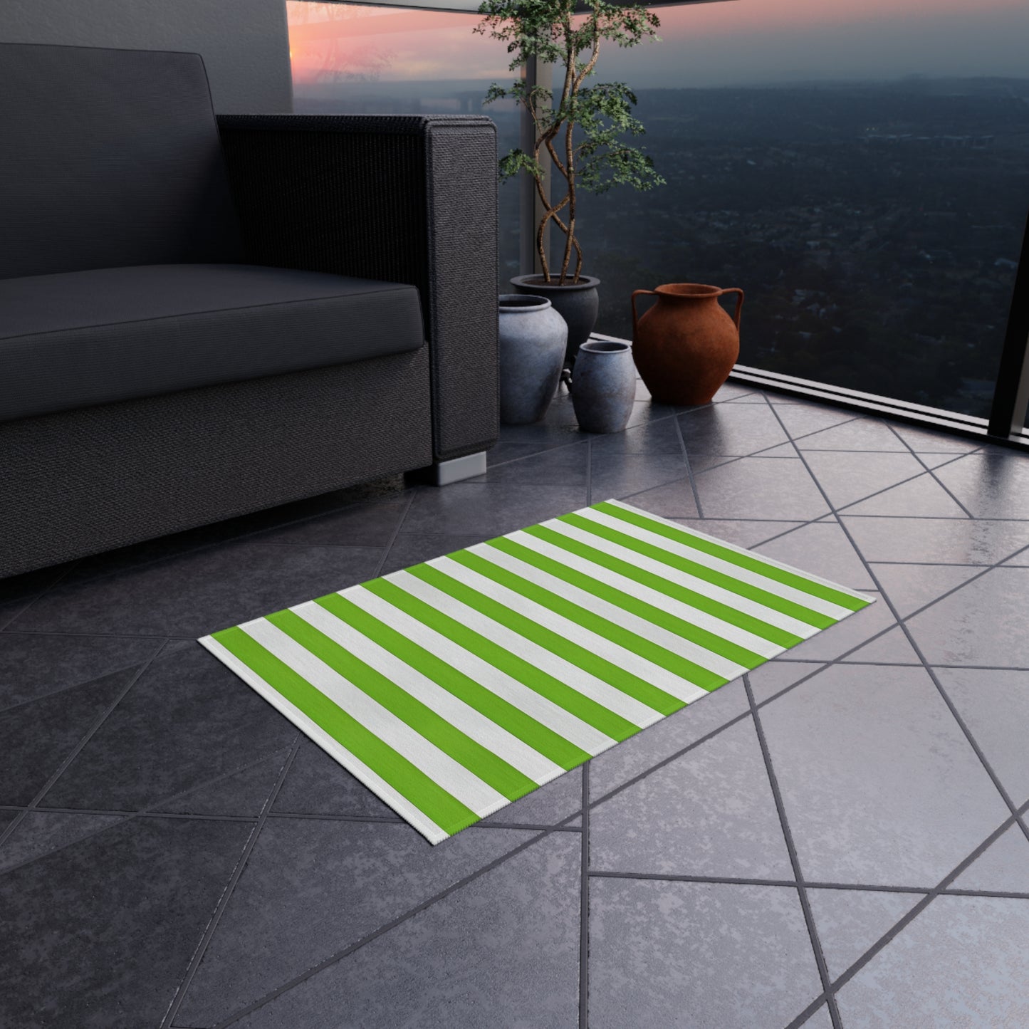 Green and White Striped Indoor/Outdoor Rug | Patio Mat, Weather-Resistant Flooring