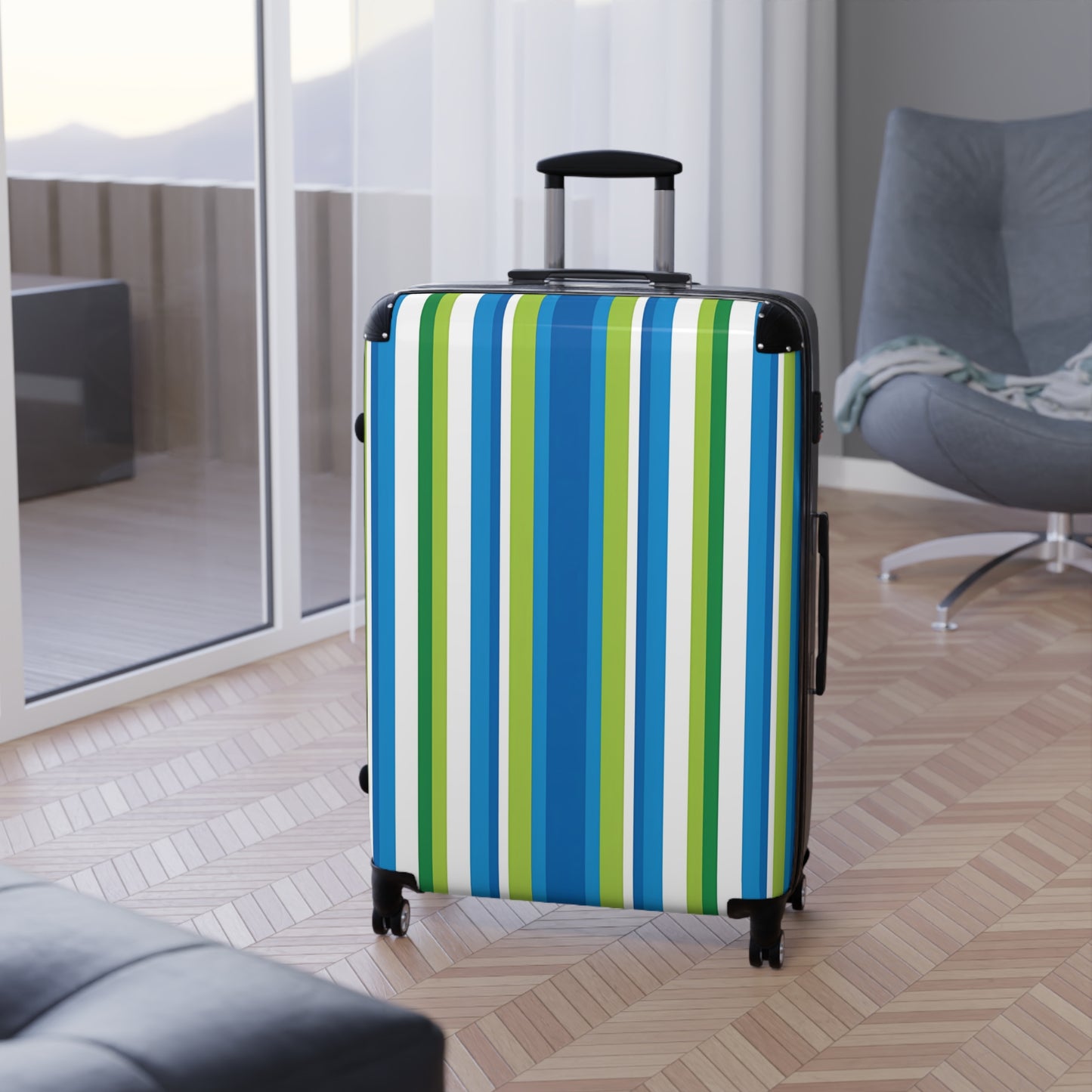 Blue Green Vertical Stripes Suitcase | Luggage Travel Accessory