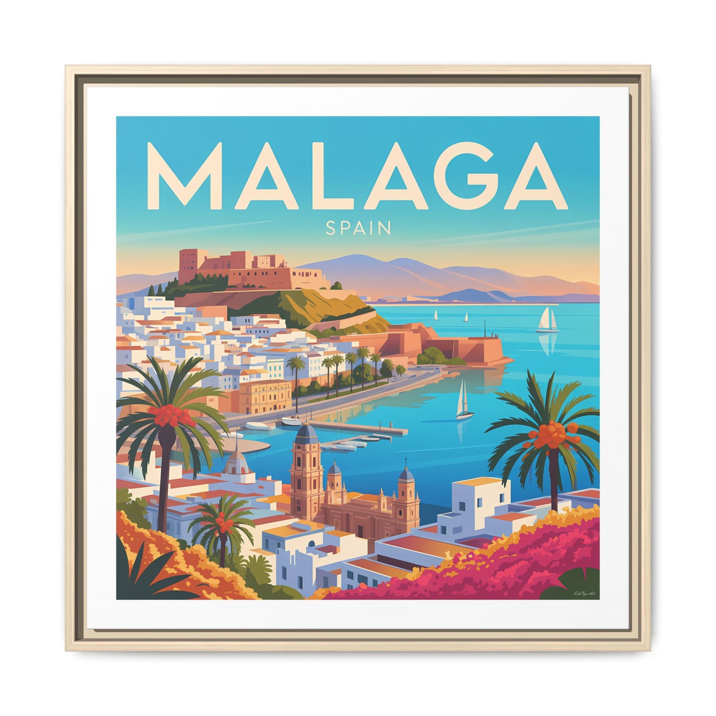 Malaga Spain Coastal  Matte Canvas Framed Wall Art| Vintage Style Travel Art