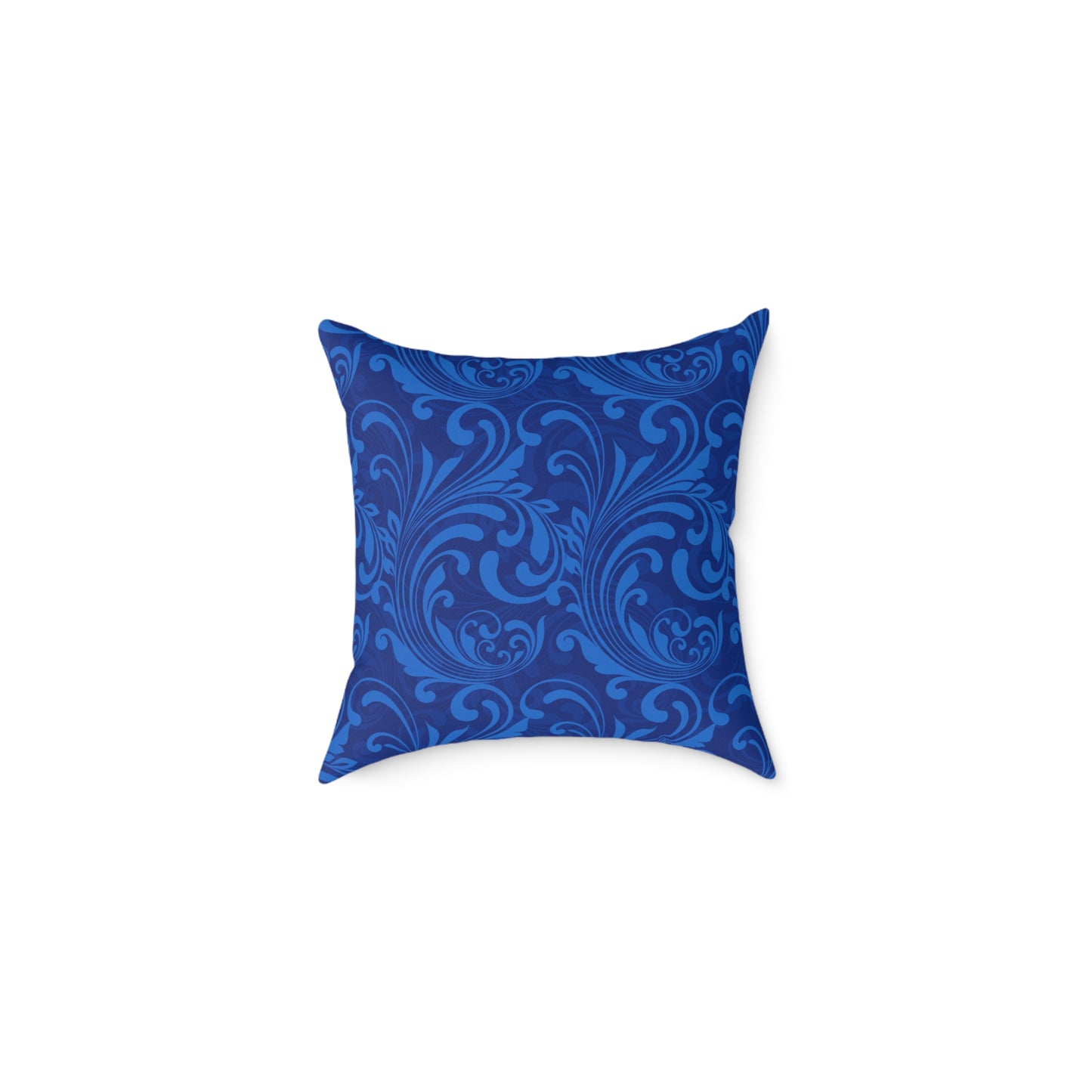 Blue Damask Scroll Pattern Square Pillow | Ornamental Floral Throw Pillow