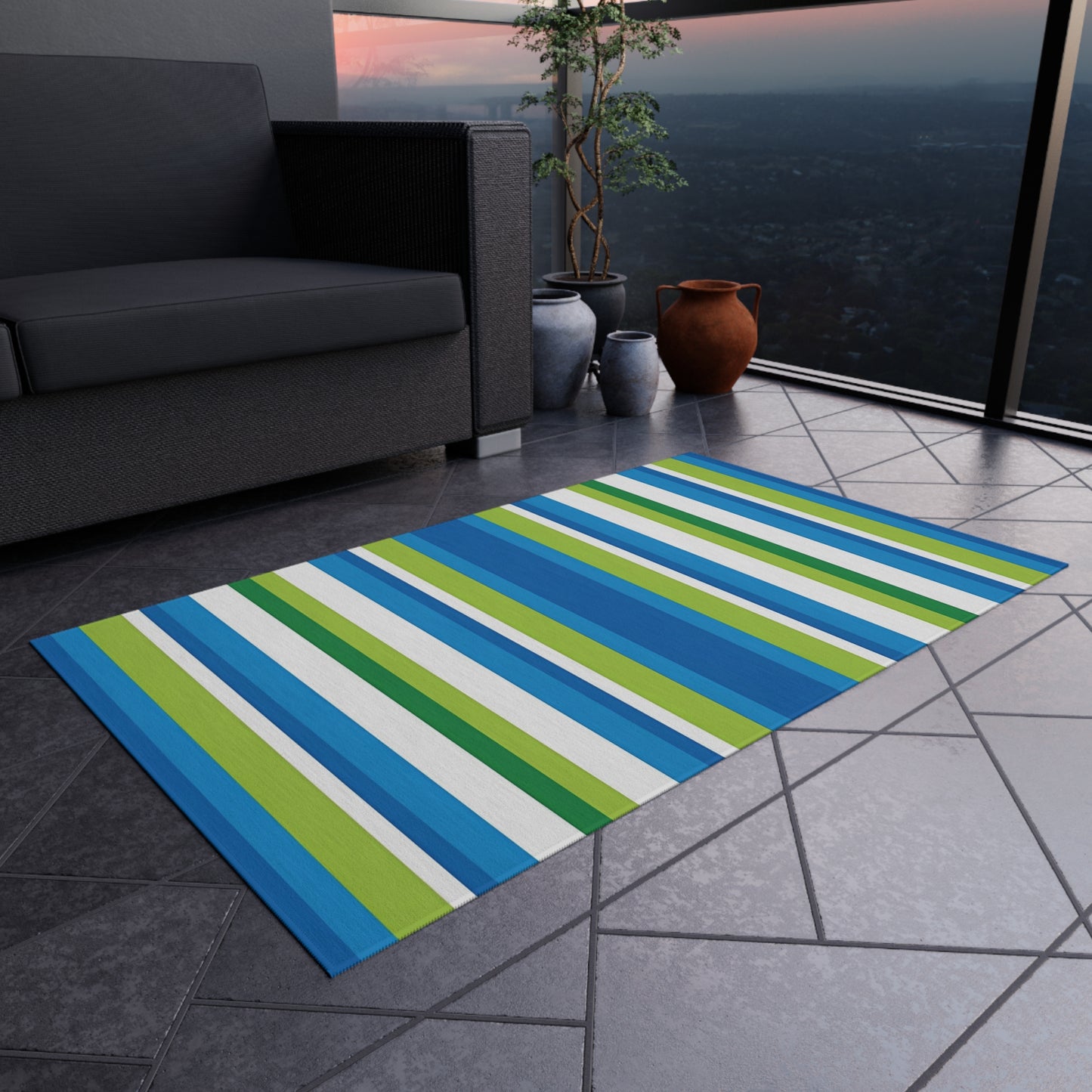 Blue Green Striped Outdoor/Indoor Rug | Patio Mat