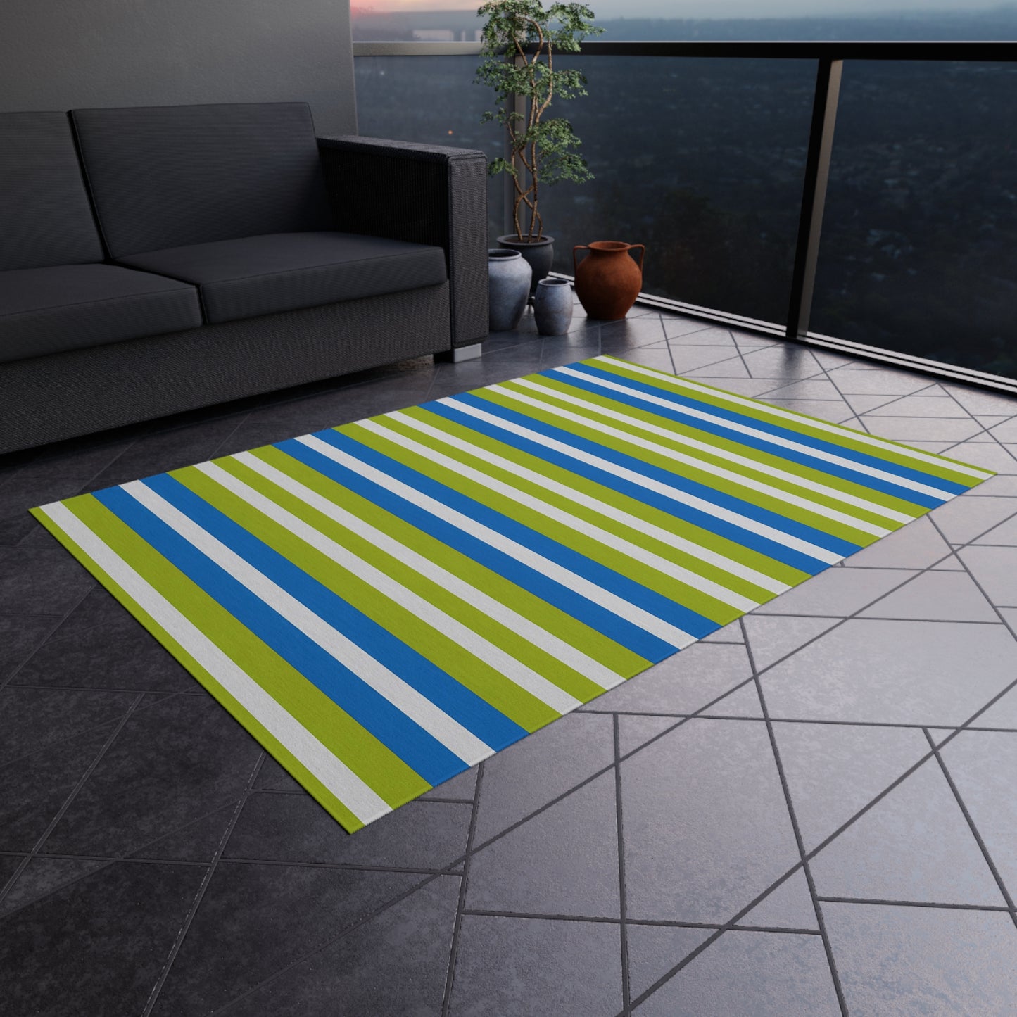 Blue Green White Striped Outdoor/Indoor Rug | Patio Mat, Weatherproof Poolside Runner
