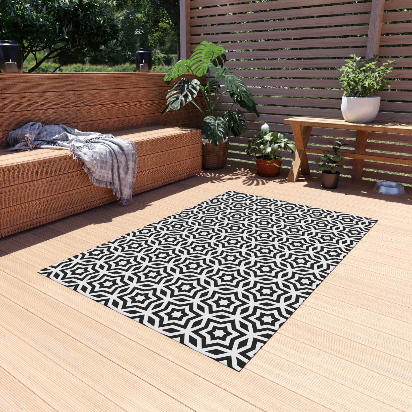 Black White Moroccan Tile Pattern Outdoor/Indoor Rug | Geometric Patio Mat