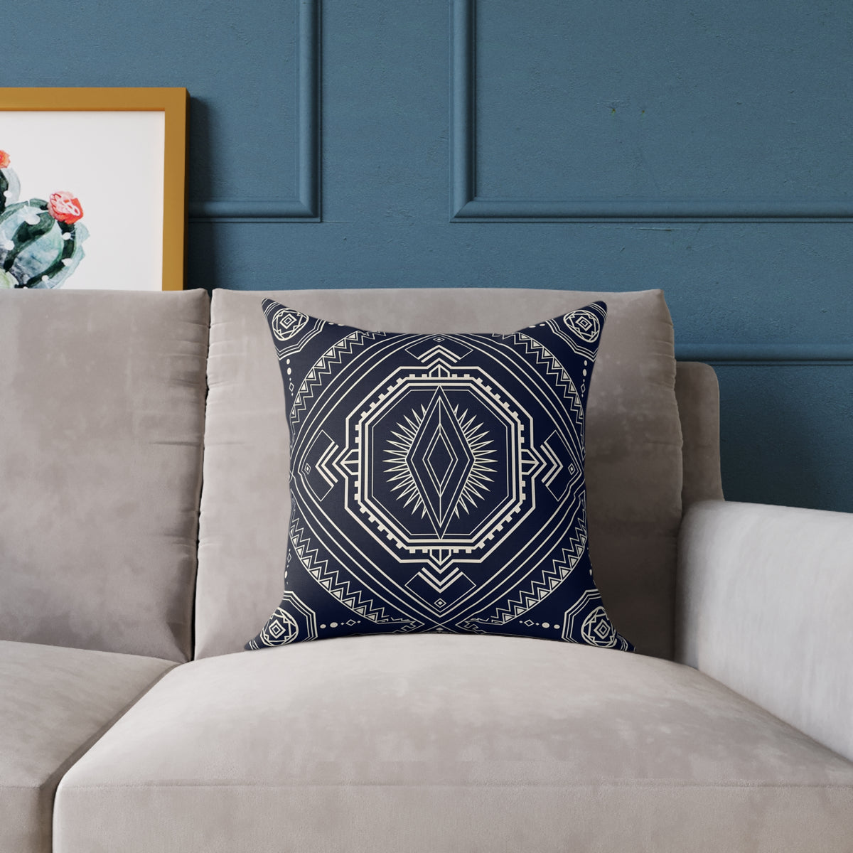 Navy Aztec Mandala Square Pillow | Geometric Boho Throw Pillow