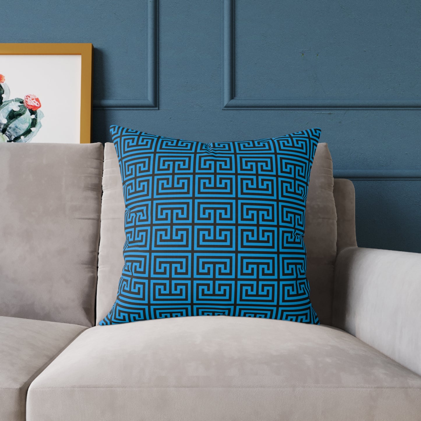Nautical Greek Key Pattern Square Pillow | Blue Geometric Throw Pillow