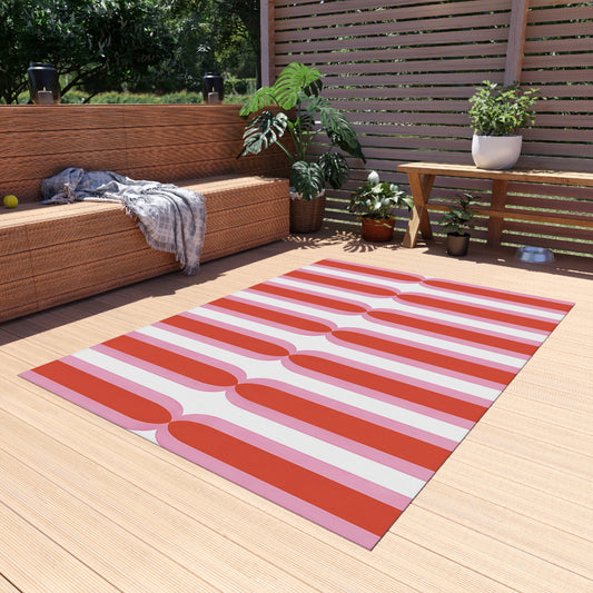 Retro Pink Orange White Stripe Outdoor/Indoor Rug | Geometric Patio Mat
