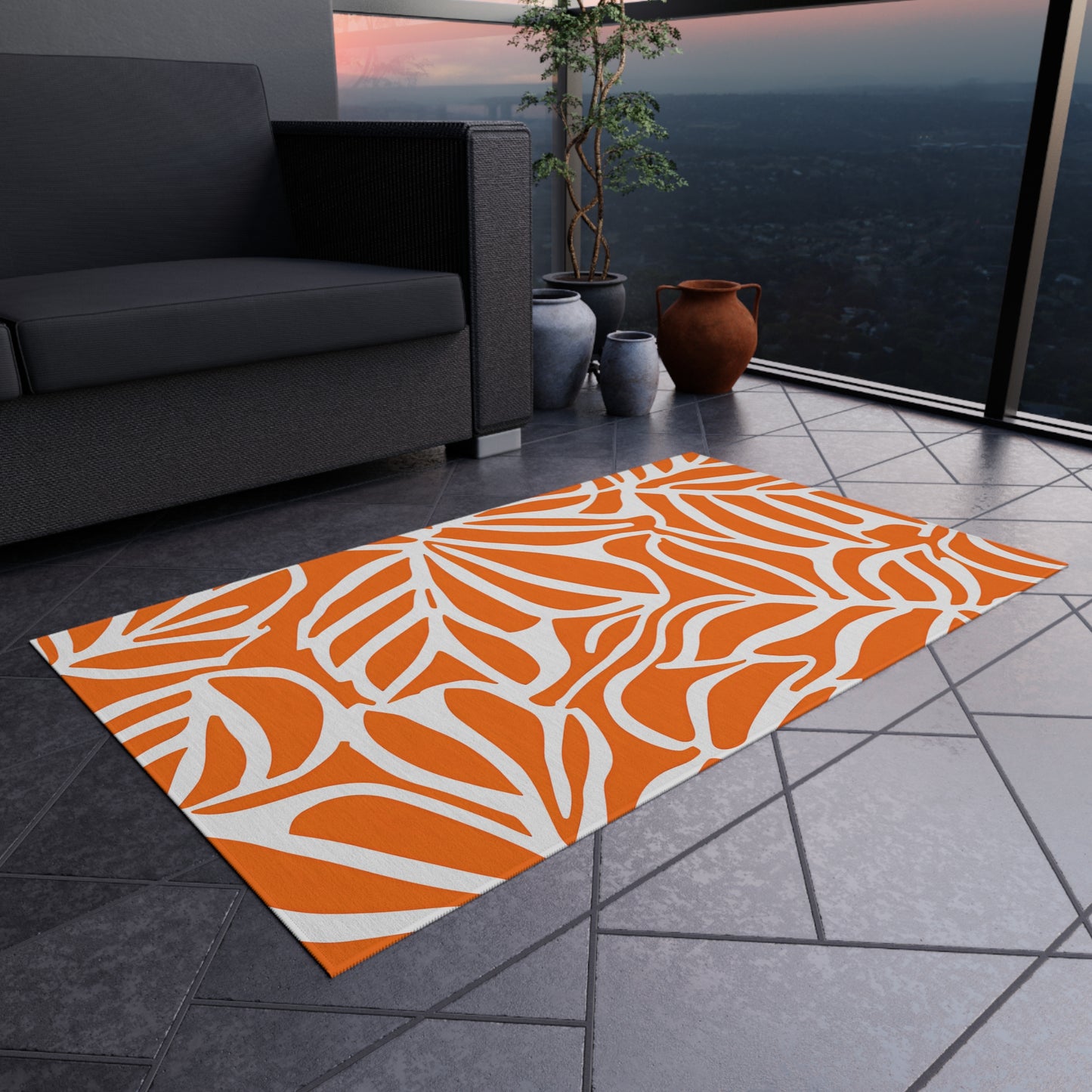 Tropical Leaf Pattern Outdoor/Indoor Rug | Orange White