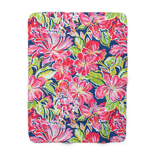 Tropical Floral Pattern Sherpa Fleece Blanket | Red Pink Green Hibiscus Print