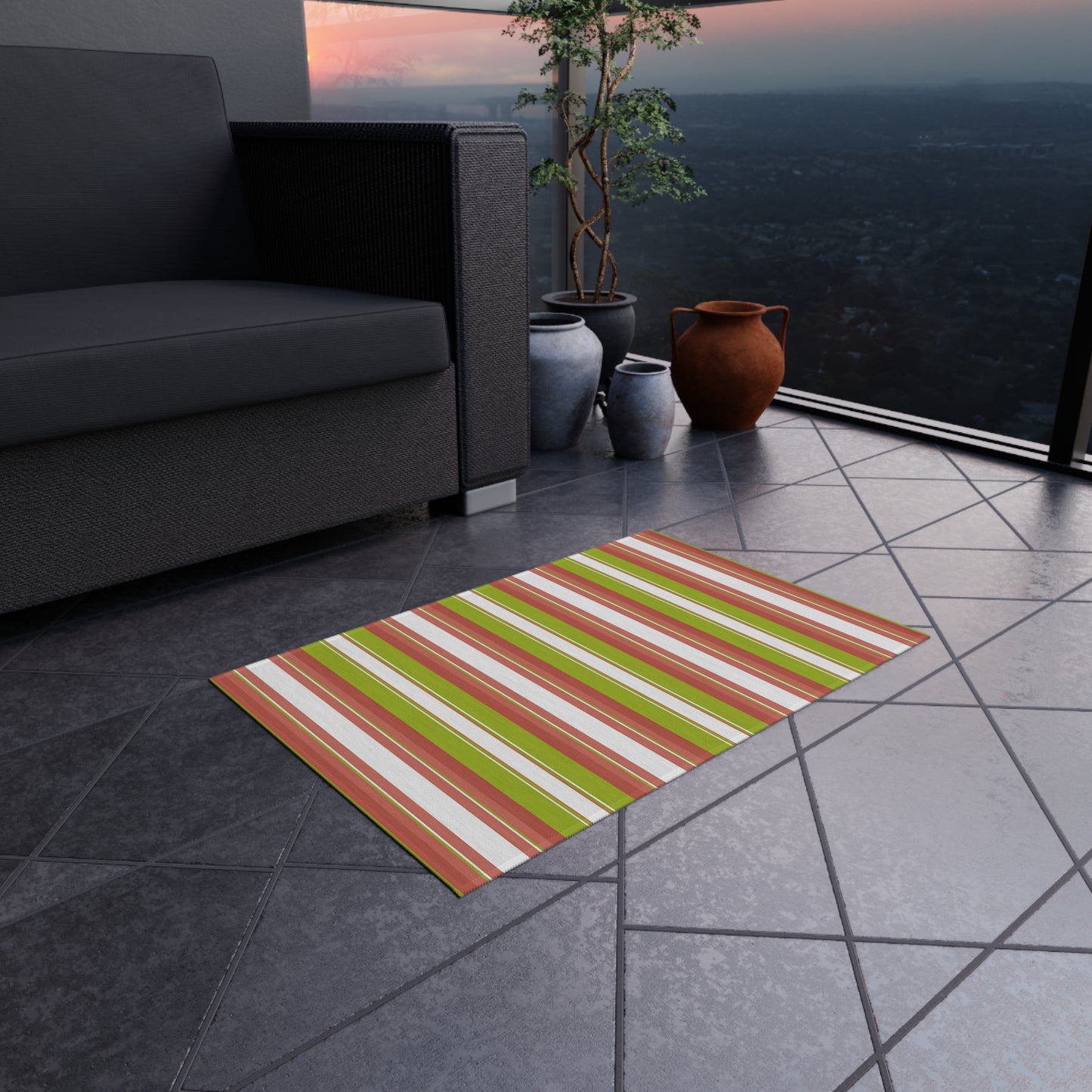 Green Red White Stripe Outdoor/Indoor Rug | Patio Deck Mat, Weatherproof Striped Rug