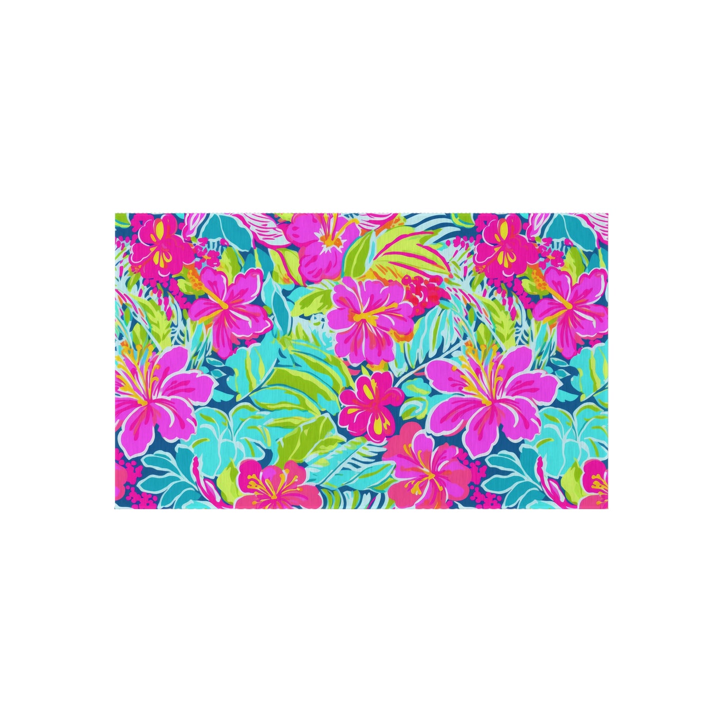 Tropical Hibiscus Floral Outdoor Rug | Bright Pink Teal Patio Mat