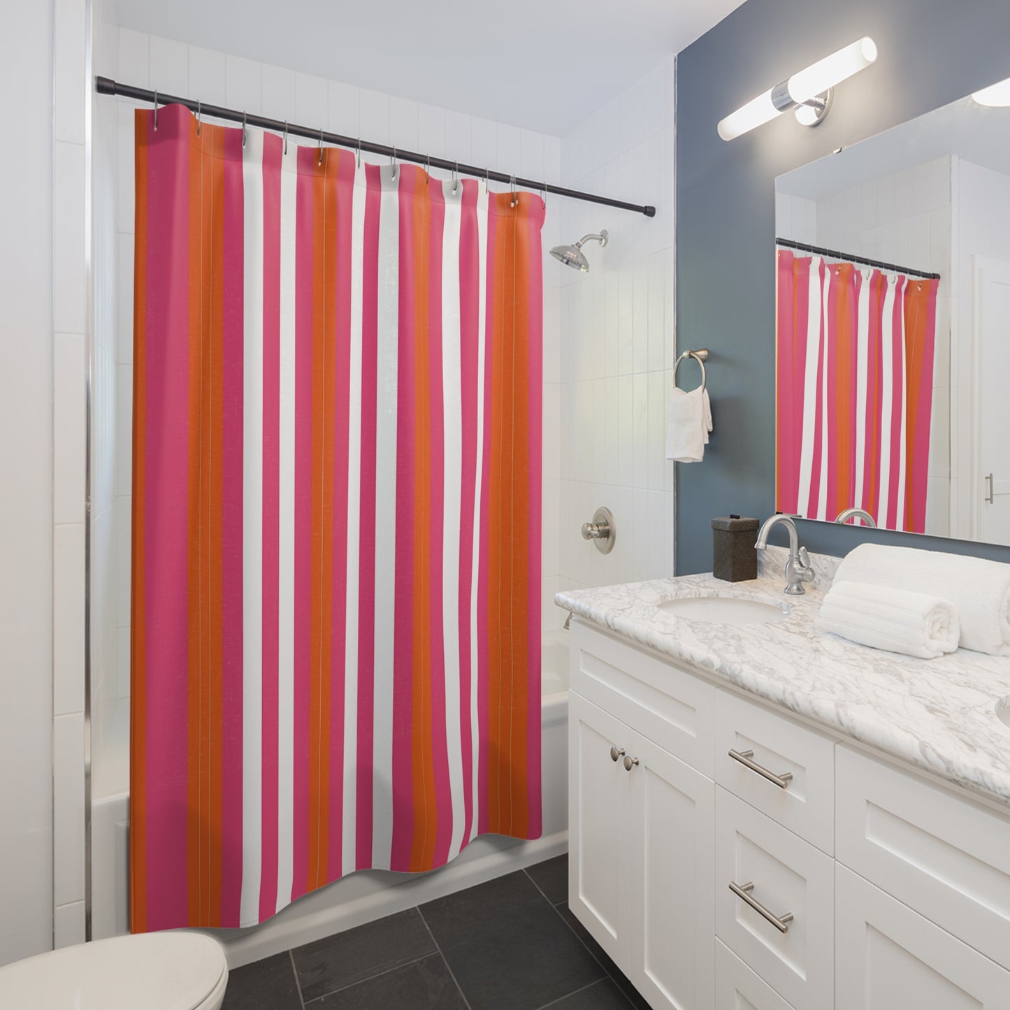 Bold Pink Orange Striped Shower Curtain | Vertical Stripe Bath Curtain