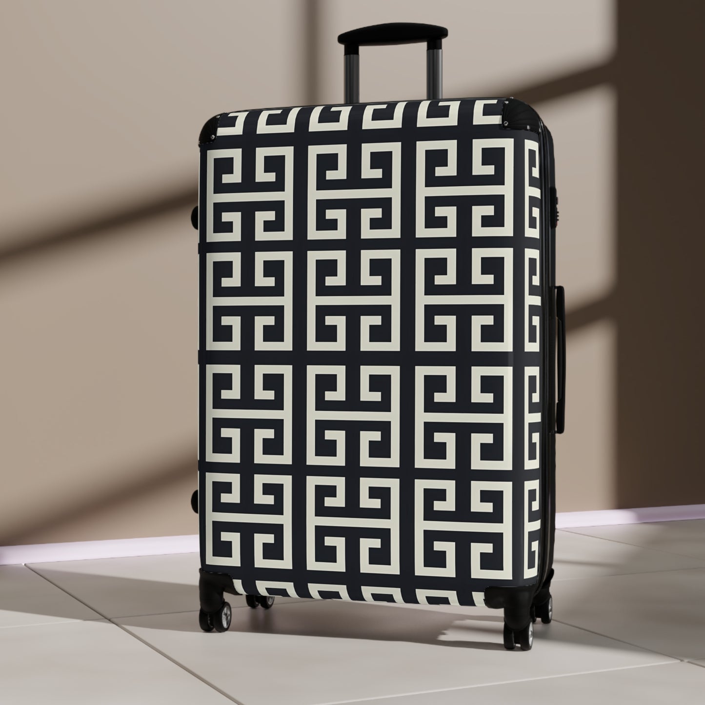 Greek Key Geometric Pattern Suitcase | Black White Travel Luggage