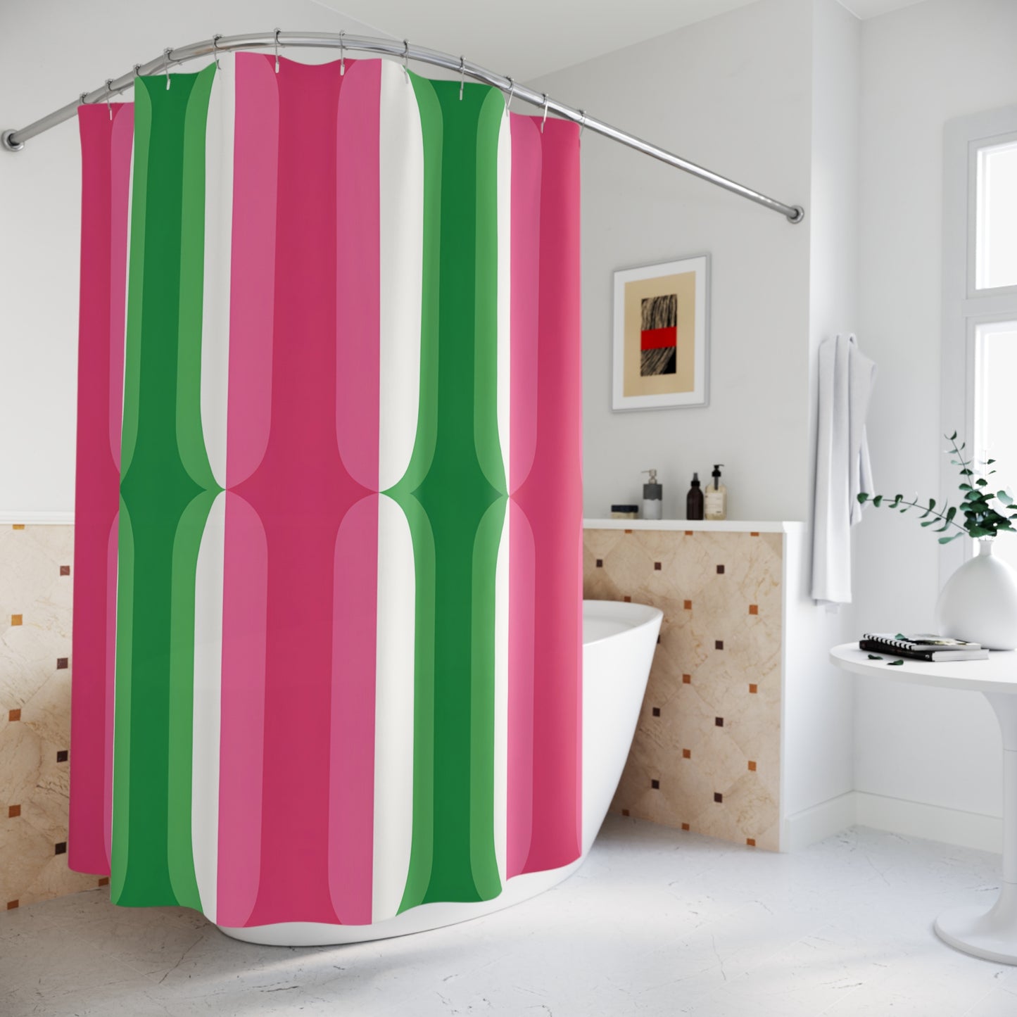 Retro Pink Green Stripe Shower Curtain | Mid Century Modern Bathroom