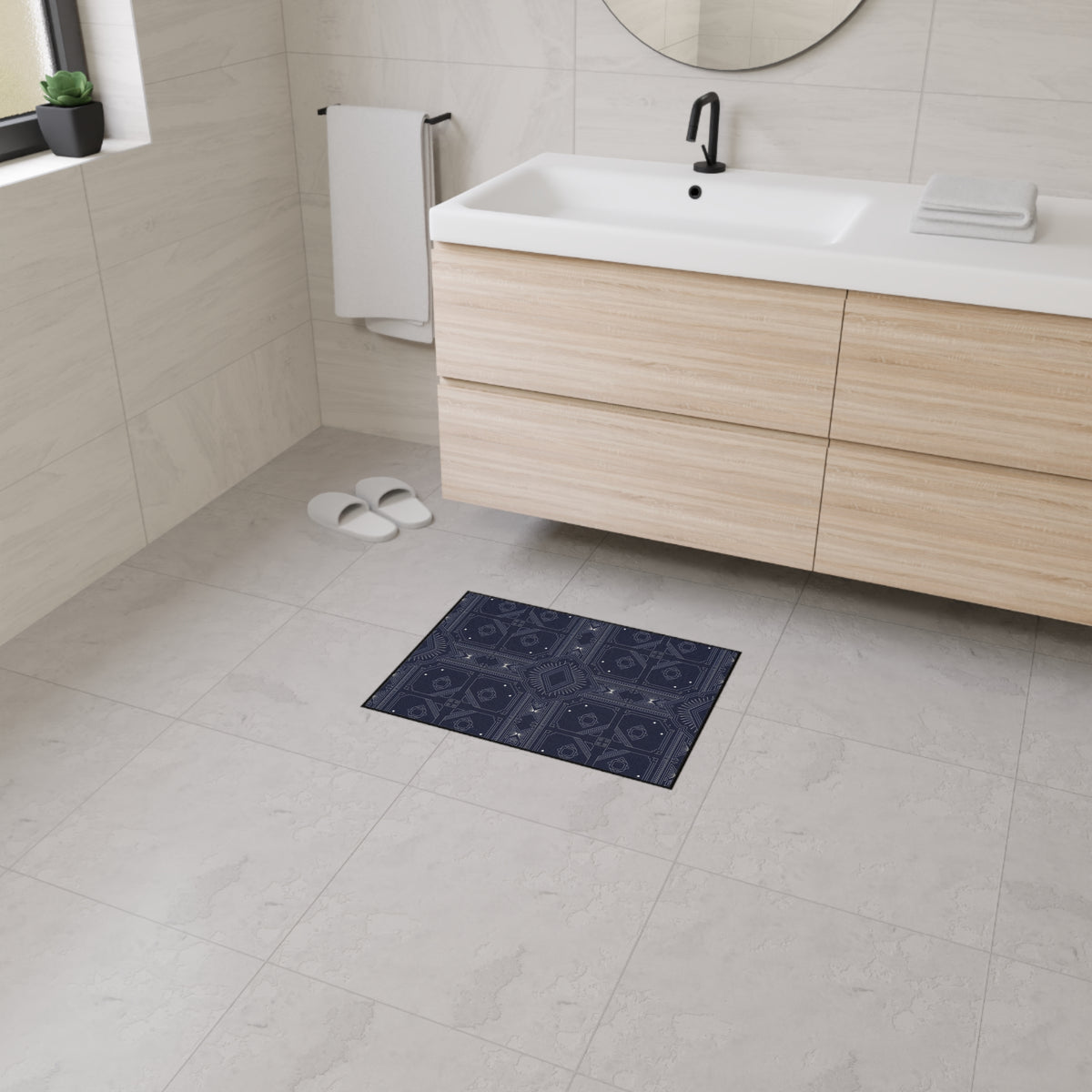 Navy White Geometric Indoor/Outdoor Floor Mat — Durable Non-Slip Rug