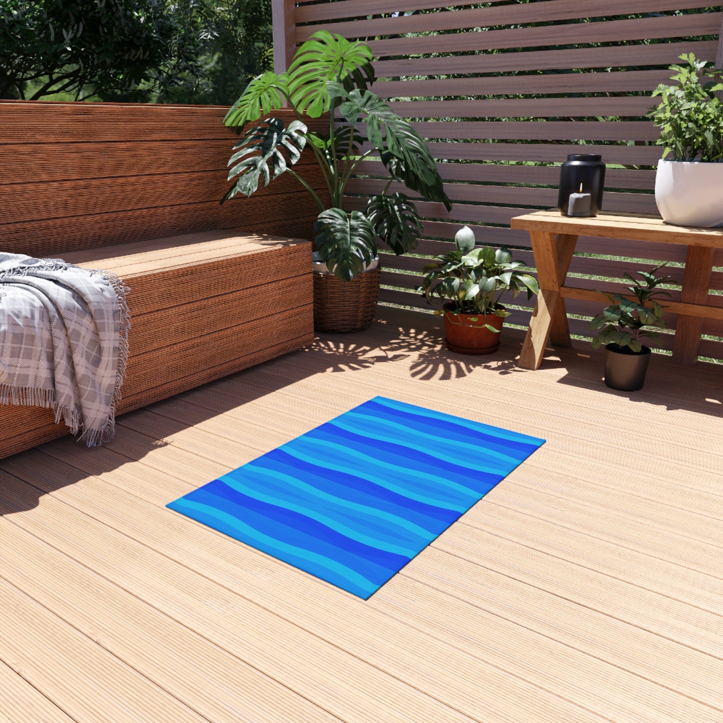 Blue Wave Stripe Outdoor Rug | Coastal Patio Mat