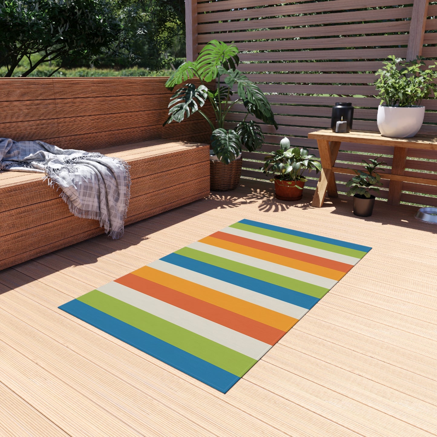 Colorful Vertical Stripes Outdoor/Indoor Rug | Patio Mat, Blue Orange Green