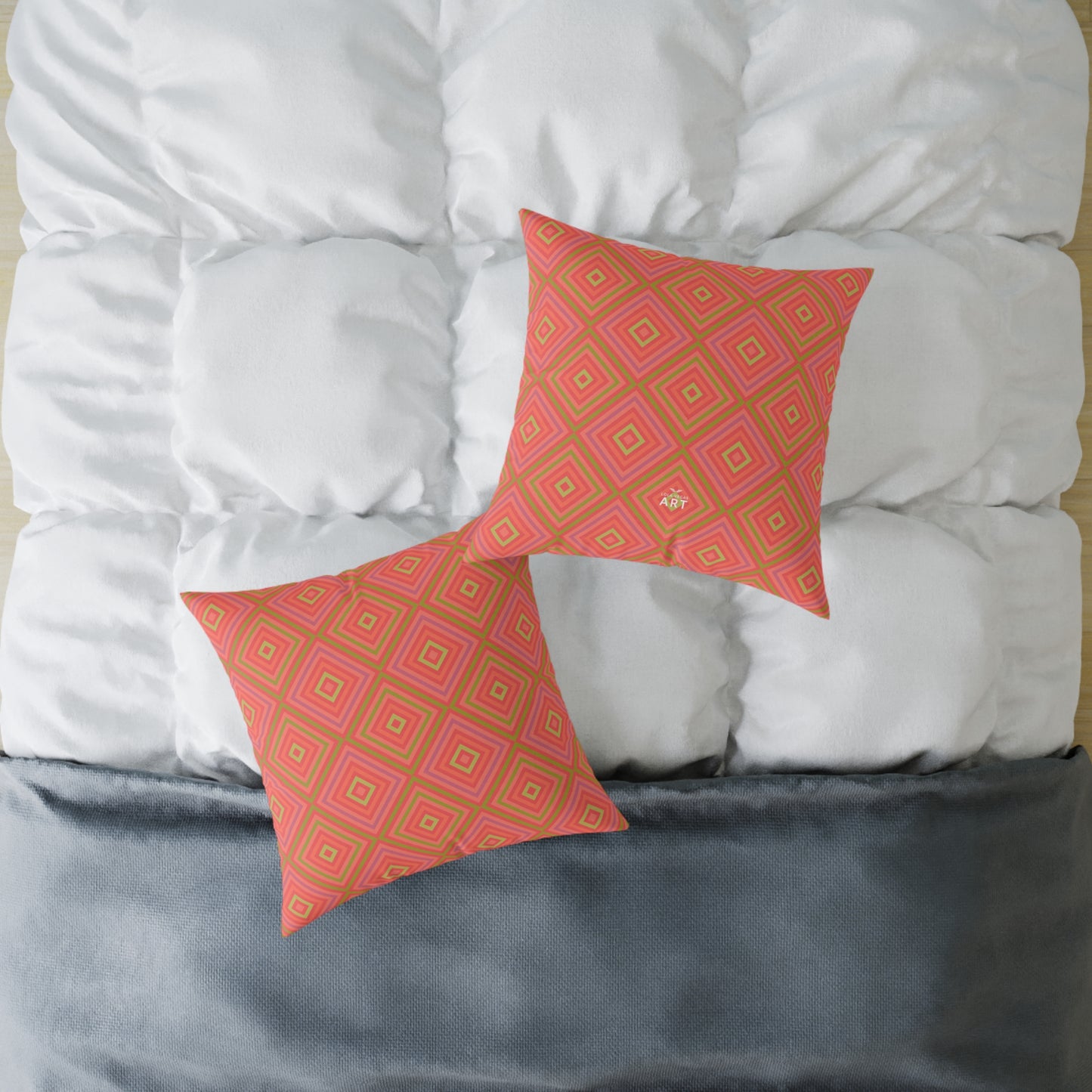 Geometric Diamond Pattern Square Pillow | Coral Orange Pink Accent