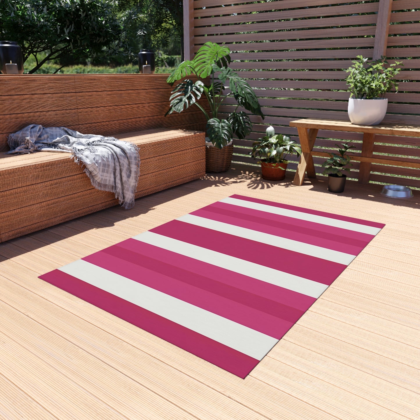 Pink and White Striped Outdoor/Indoor Rug | Patio Mat, Sunroom Deck