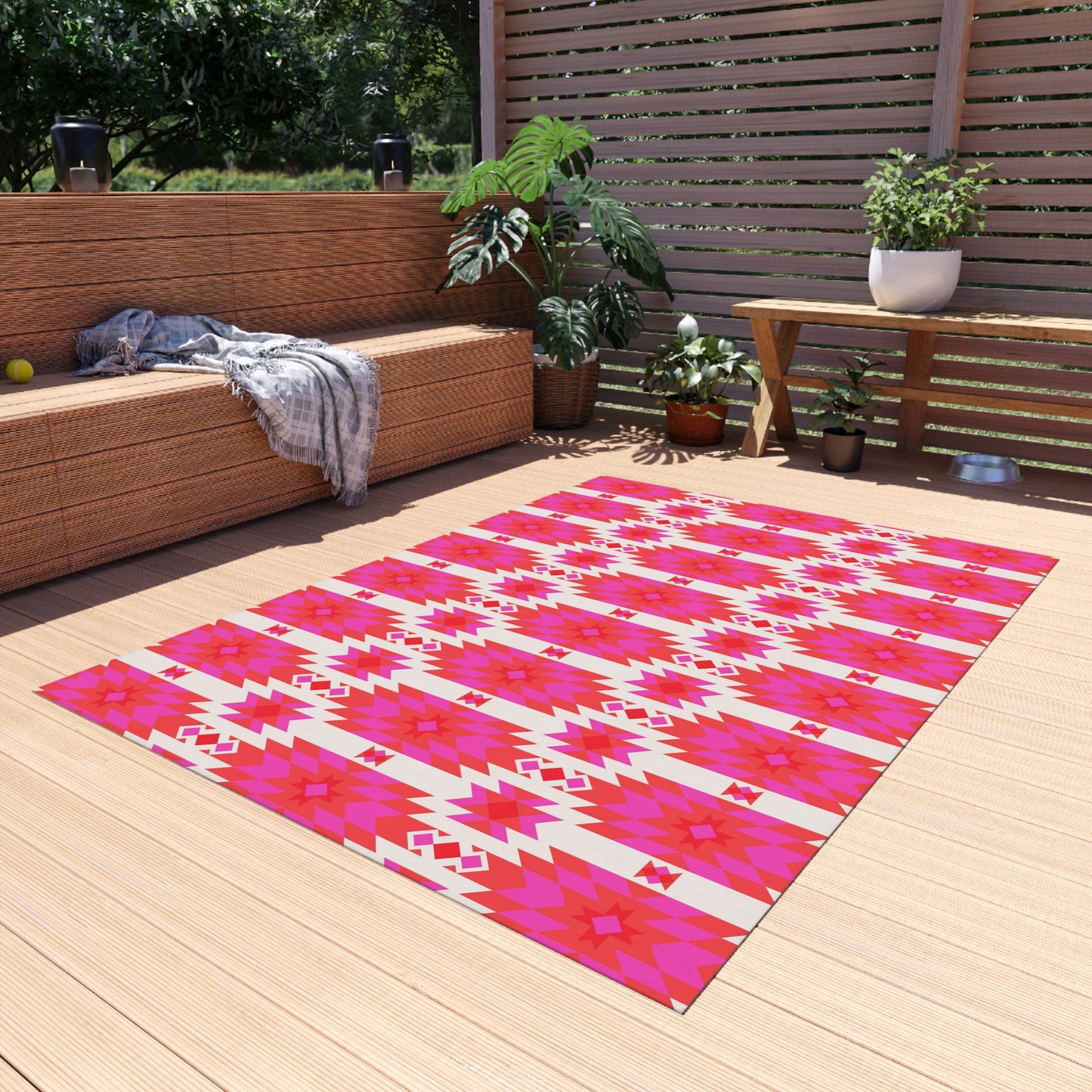 Pink Orange Aztec Geometric Pattern Outdoor/Indoor Rug | Southwestern Boho Patio Mat