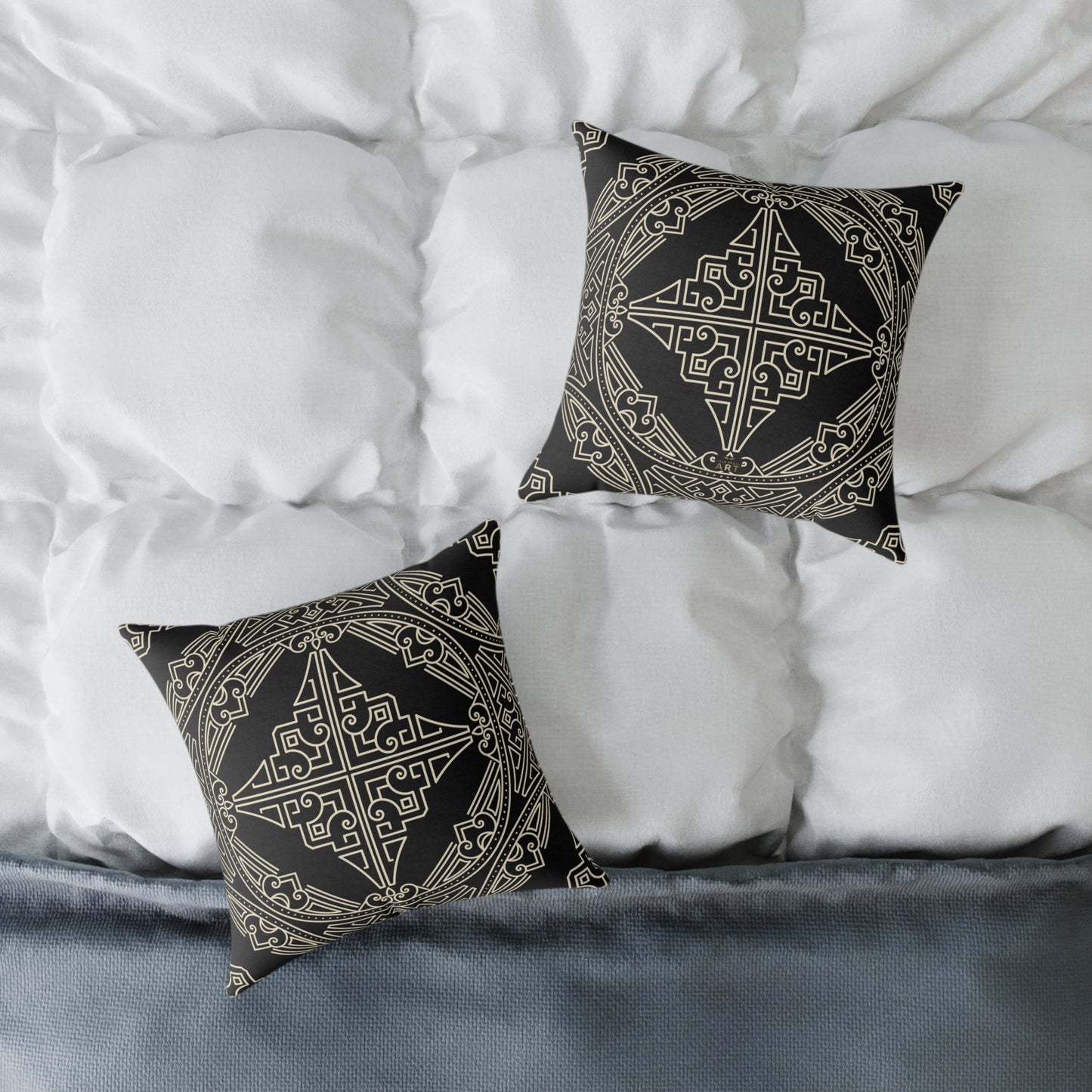 Black and Off-White Geometric Celtic Knot Square Pillow | Poly Canvas Throw Pillow