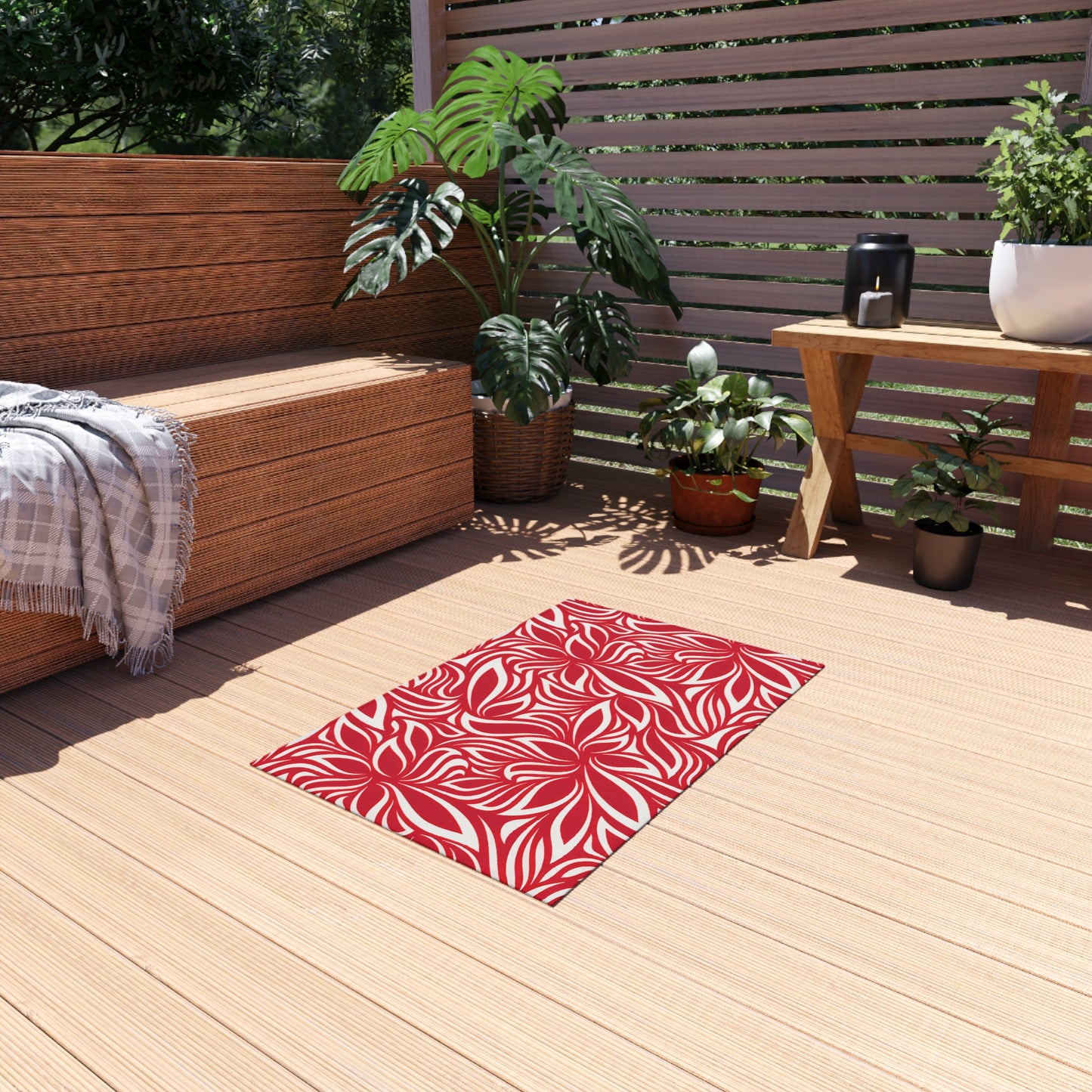 Red White Tropical Leaf Pattern Outdoor/Indoor Rug | Patio Mat