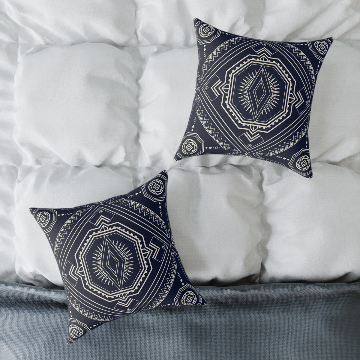 Navy Aztec Mandala Square Pillow | Geometric Boho Throw Pillow