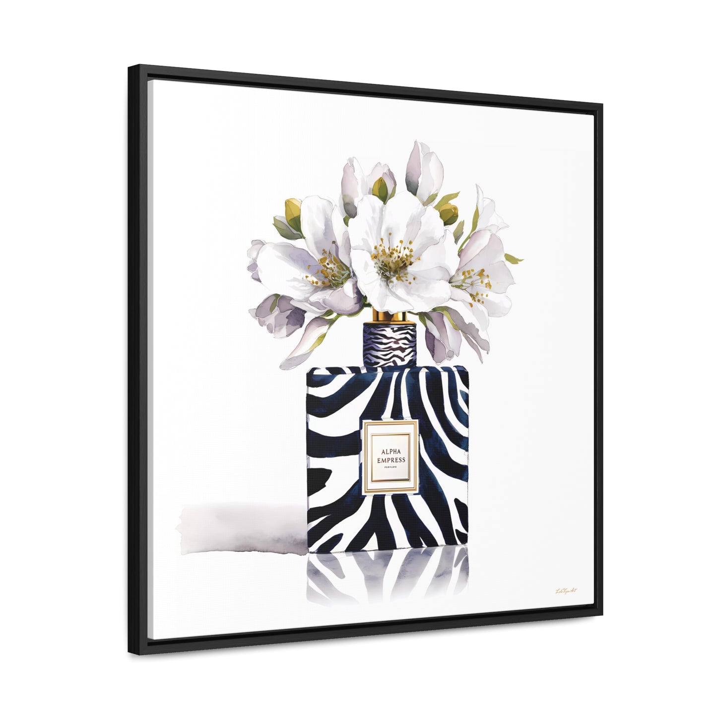 Framed Canvas Wall Art - Watercolor Zebra Perfume Bottle 'ALPHA EMPRESS' with White Flowers Print