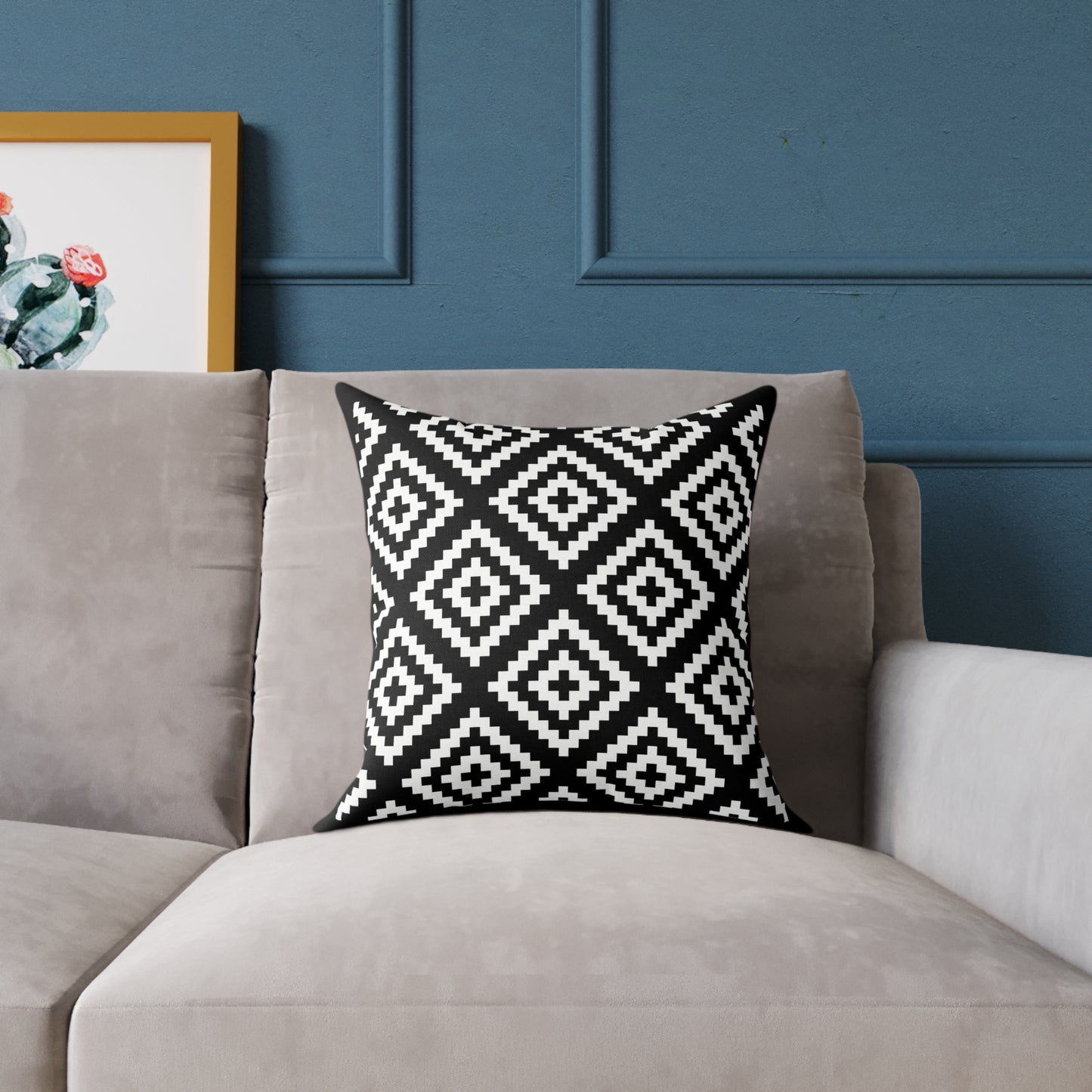 Black White Boho Native American Geometric Diamond Pattern Pillow | Square Poly Canvas Pillow