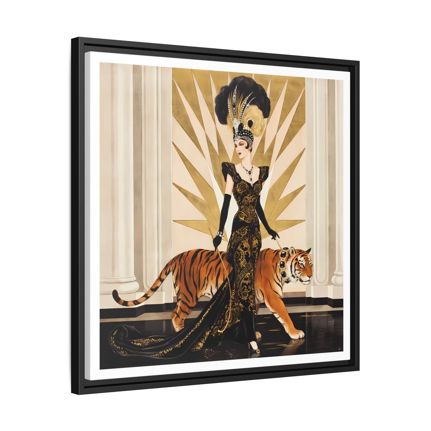 Art Deco Showgirl with Tiger Matte Canvas Framed Print