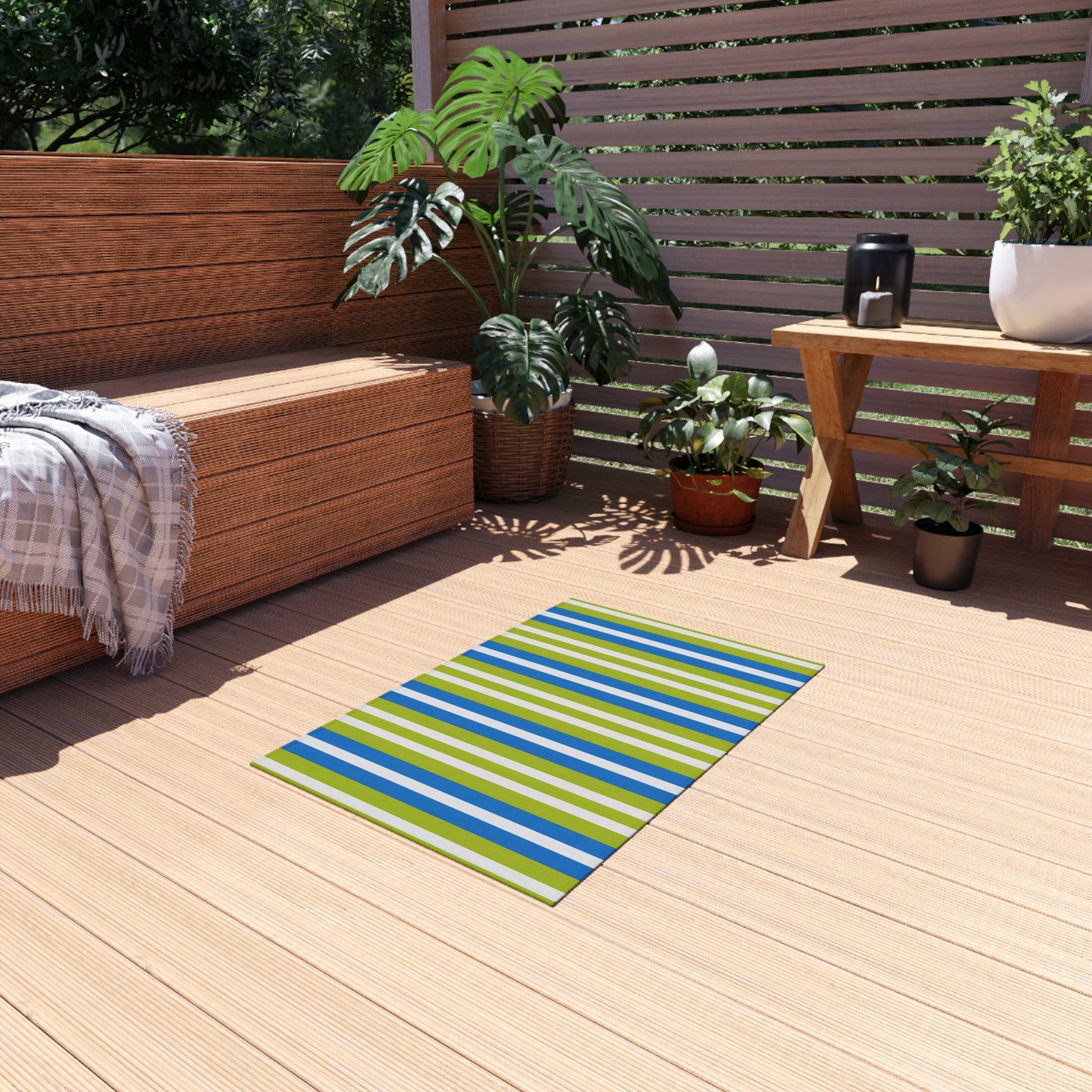 Blue Green White Striped Outdoor/Indoor Rug | Patio Mat, Weatherproof Poolside Runner