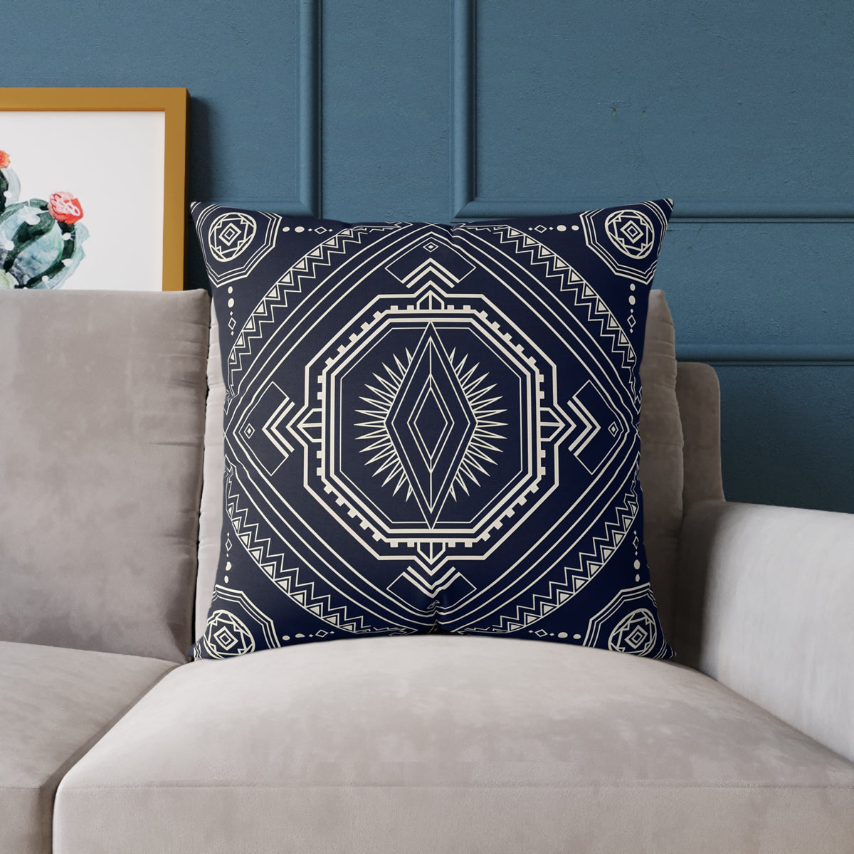 Navy Aztec Mandala Square Pillow | Geometric Boho Throw Pillow