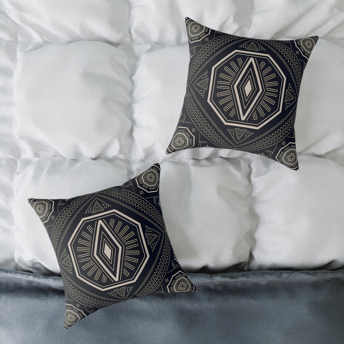 Geometric Black & Cream Tribal Medallion Square Pillow | Boho Aztec Pattern
