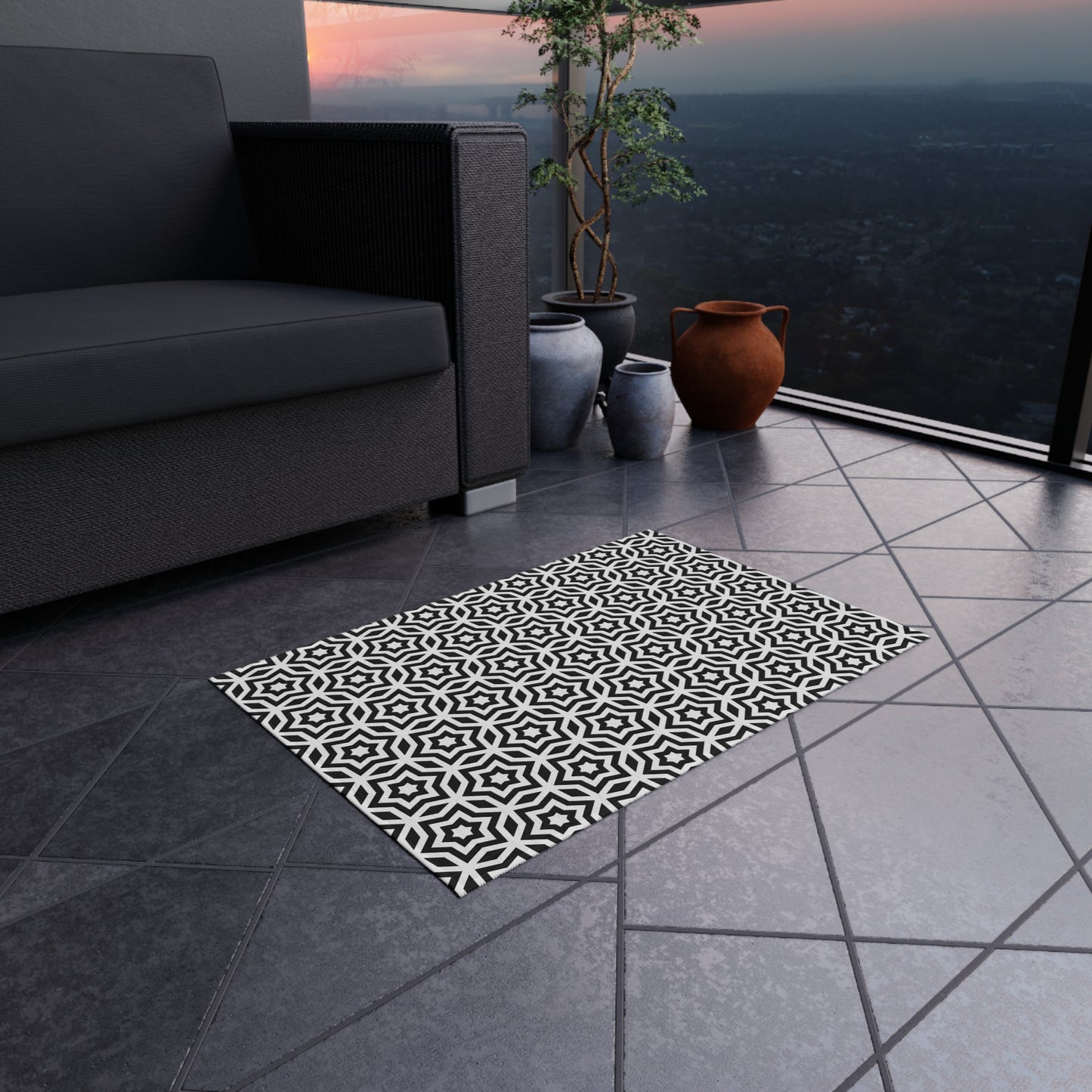 Black White Moroccan Tile Pattern Outdoor/Indoor Rug | Geometric Patio Mat