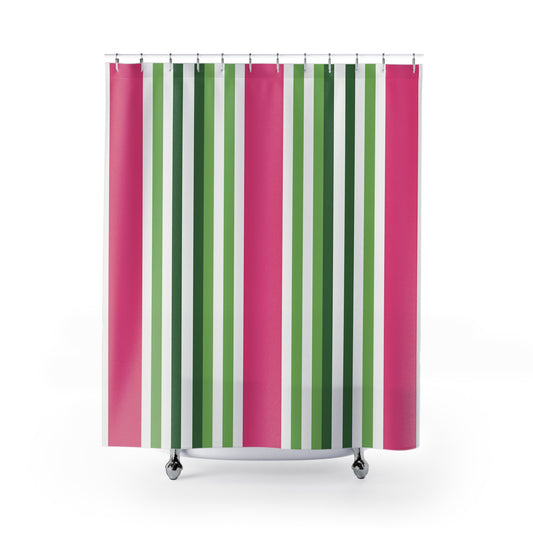 Pink and Green Striped Shower Curtain | Vertical Holiday Stripe Bathroom Decor